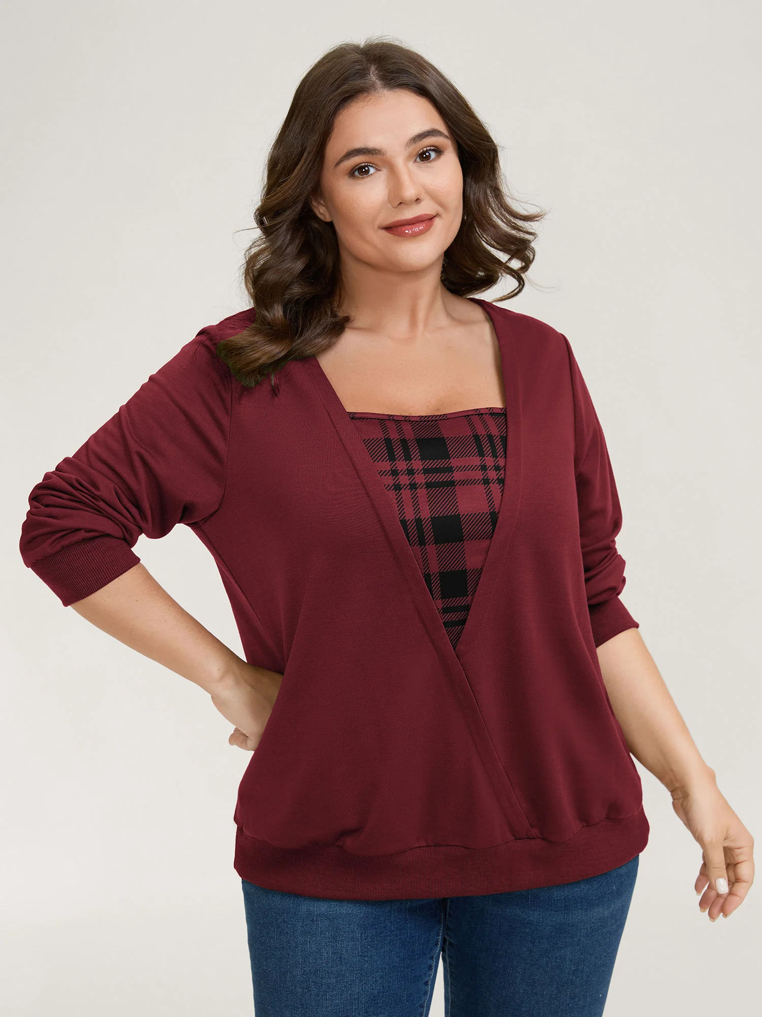 Plaid Spliced Wrap Contrast Sweatshirt - Image 2