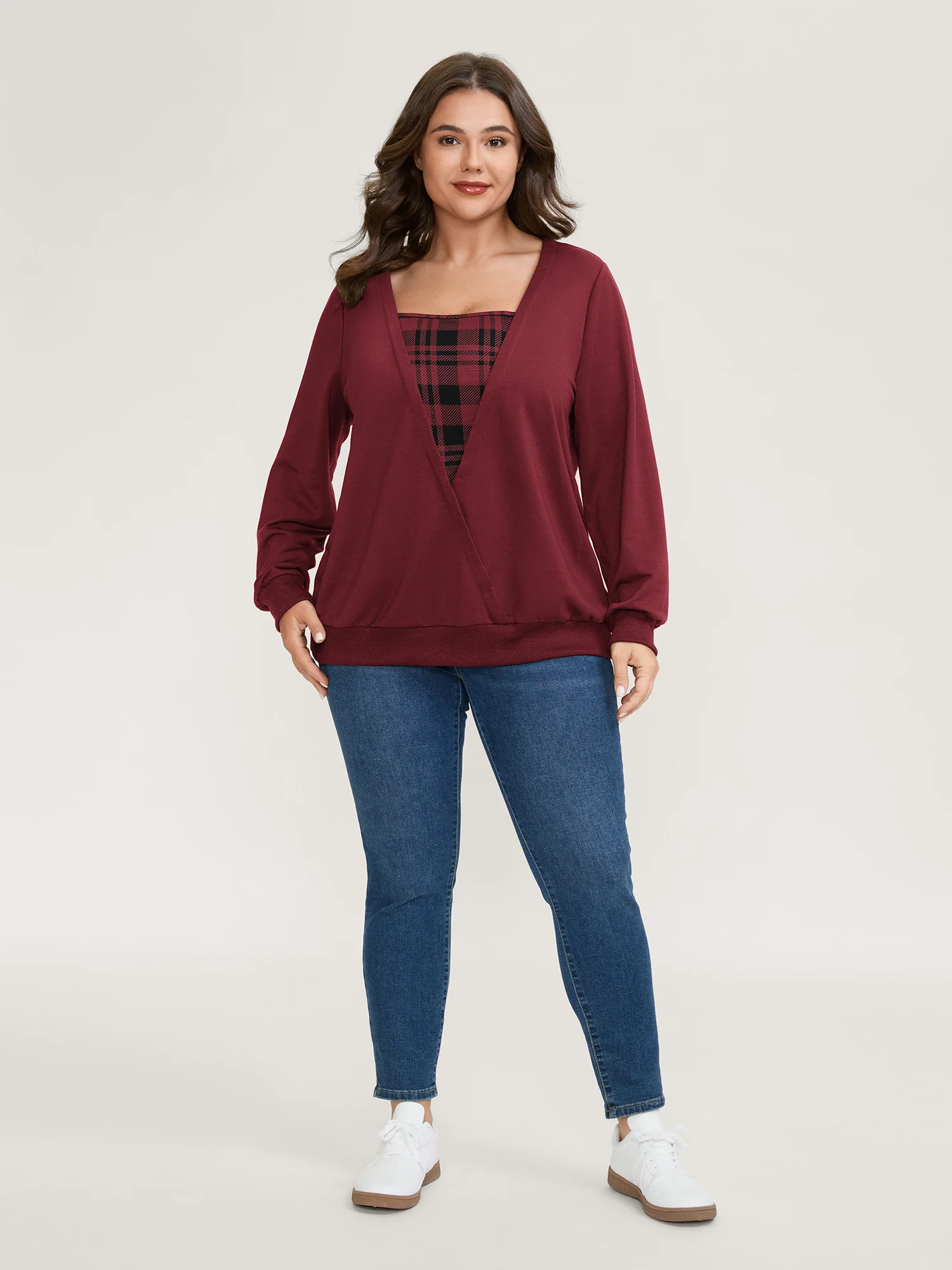Plaid Spliced Wrap Contrast Sweatshirt - Image 3