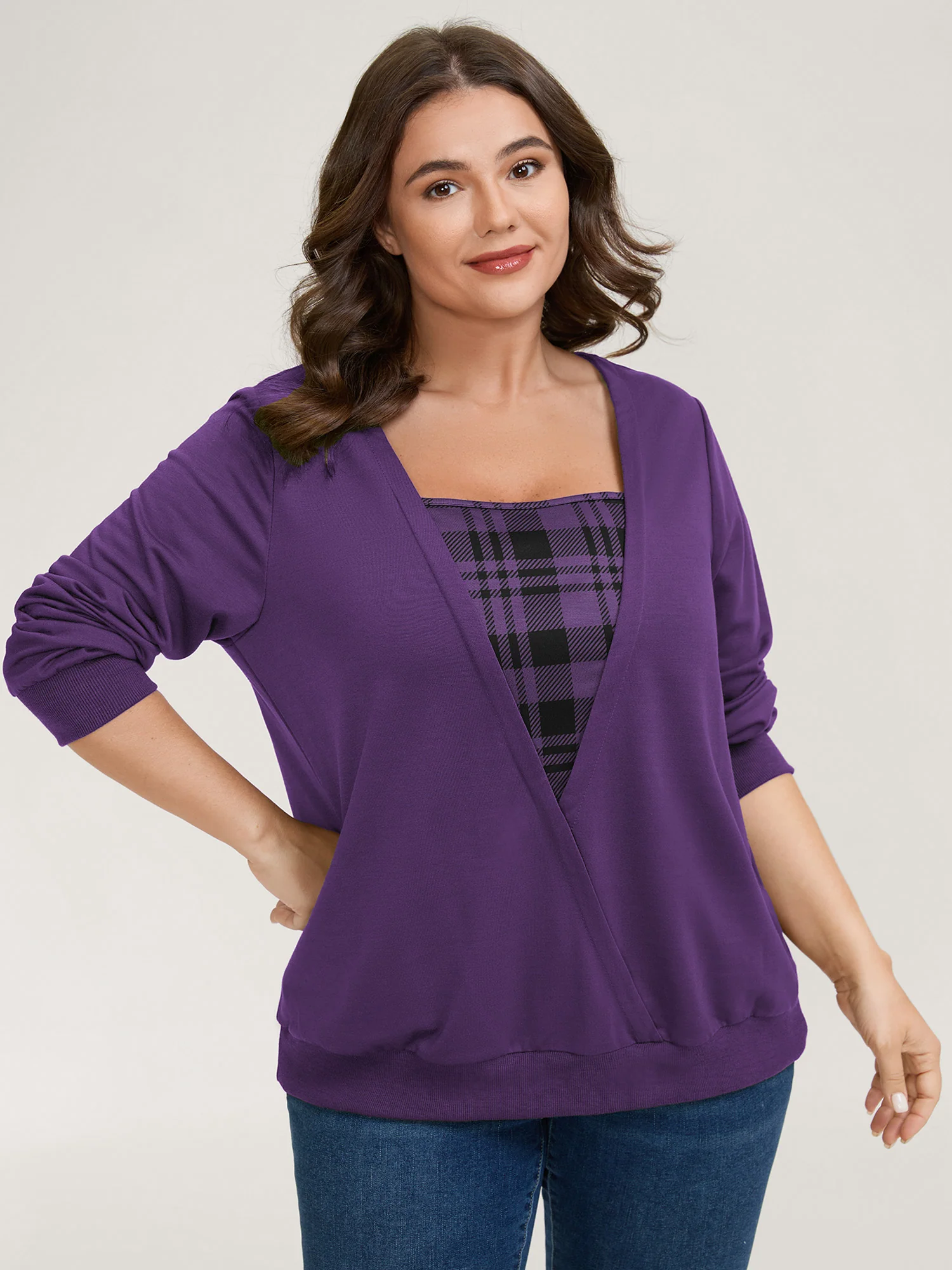 Plaid Spliced Wrap Contrast Sweatshirt - Image 6