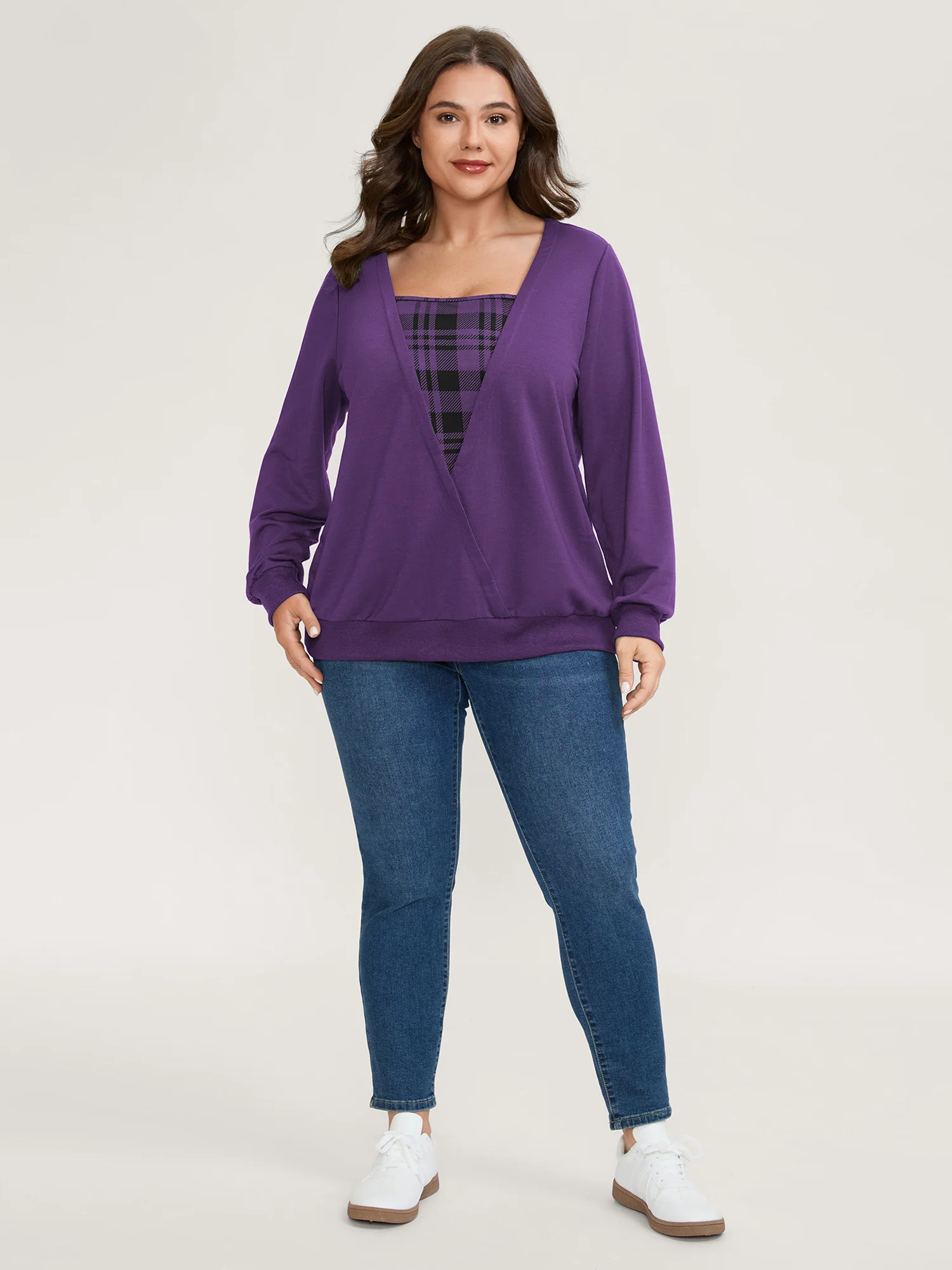 Plaid Spliced Wrap Contrast Sweatshirt - Image 7