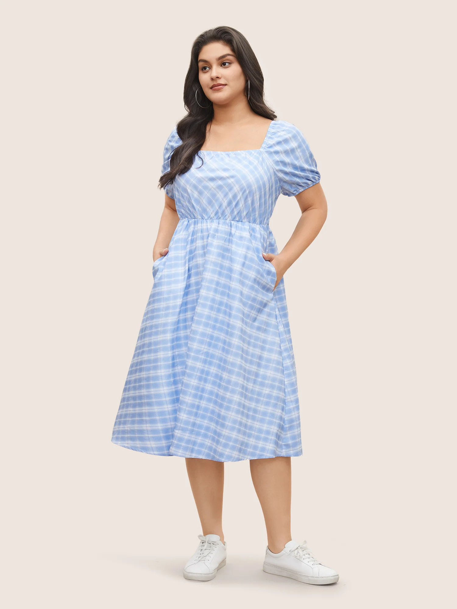 Plaid Square Neck Gathered Shirred Dress - Image 2