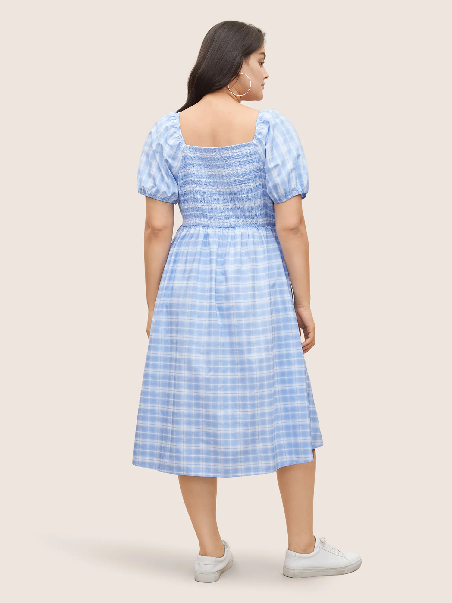 Plaid Square Neck Gathered Shirred Dress - Image 3