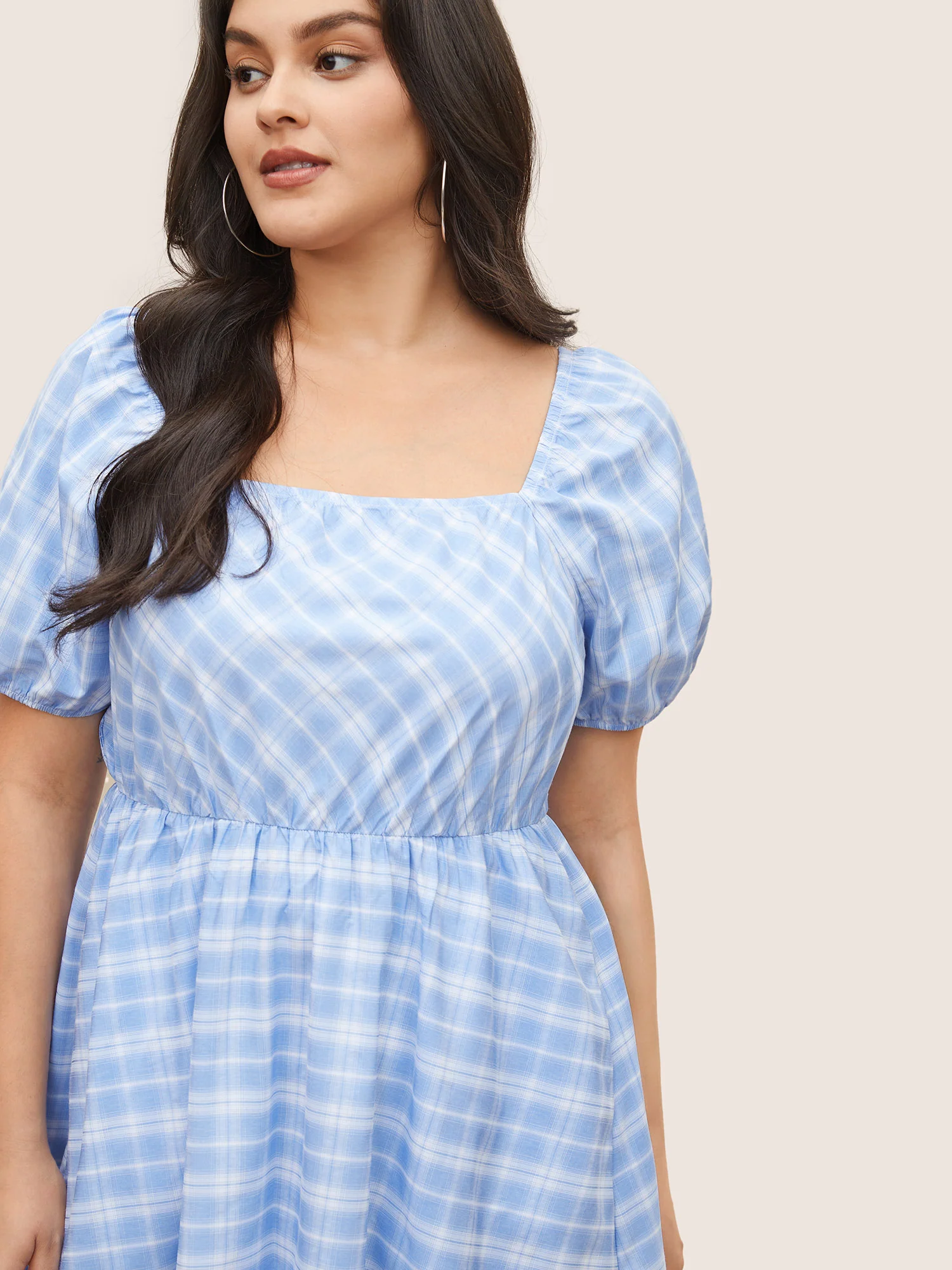 Plaid Square Neck Gathered Shirred Dress - Image 4