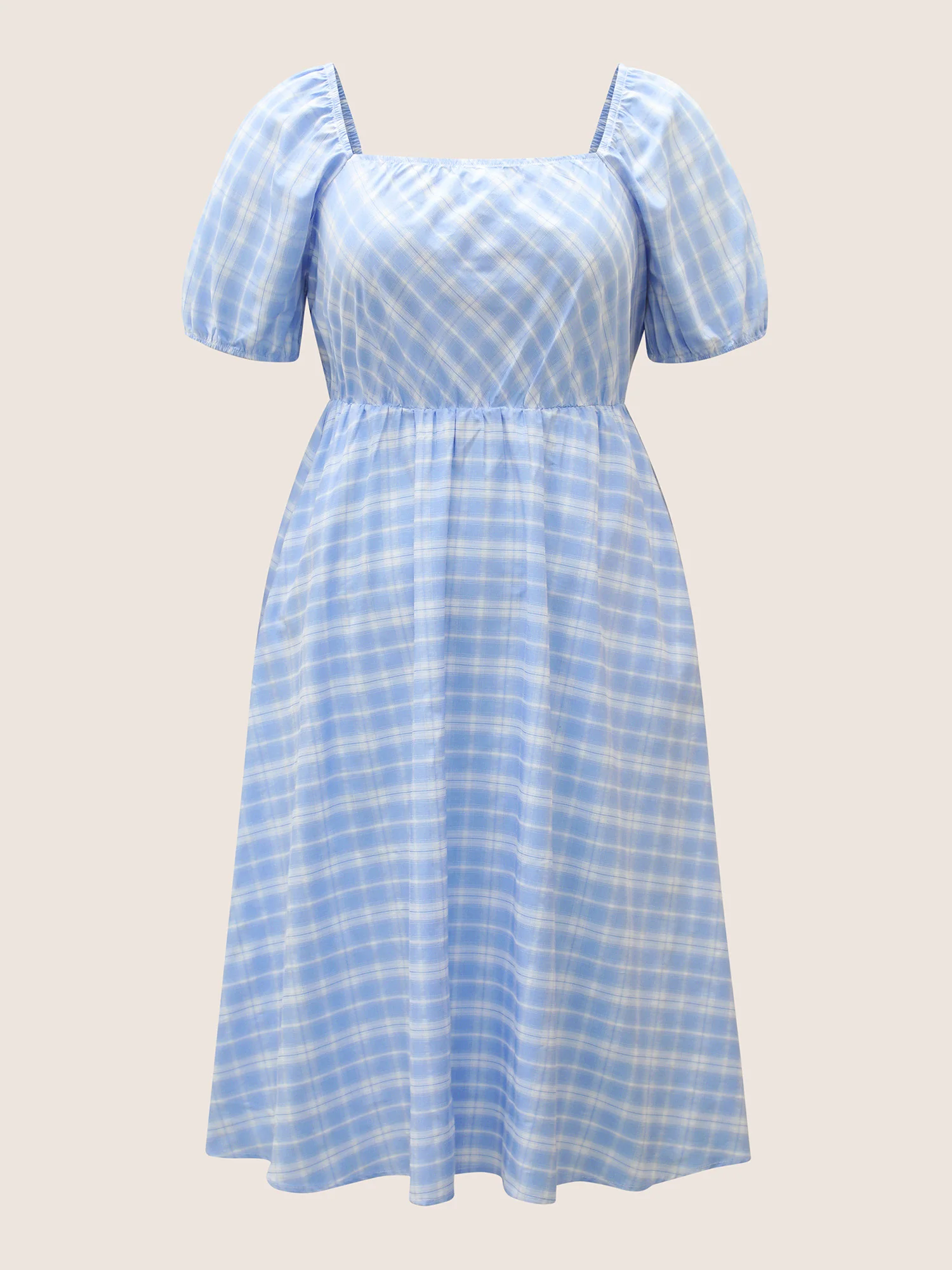 Plaid Square Neck Gathered Shirred Dress - Image 7