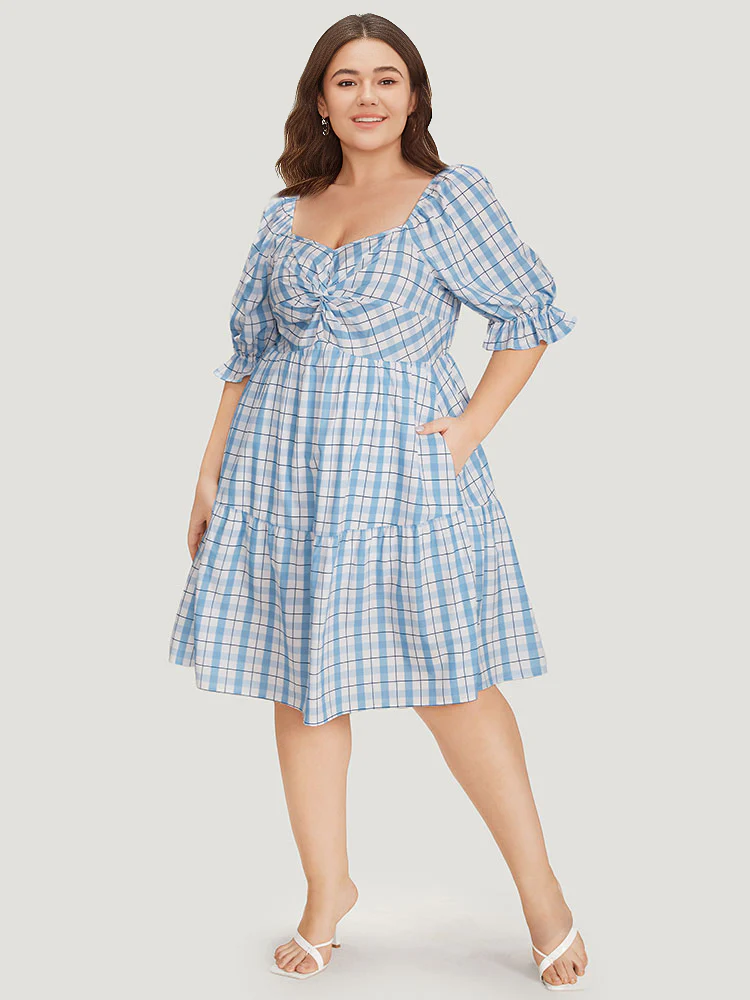 Twist Front Square Neck Ruffle Layered Hem Bell Sleeve Dress - Image 5