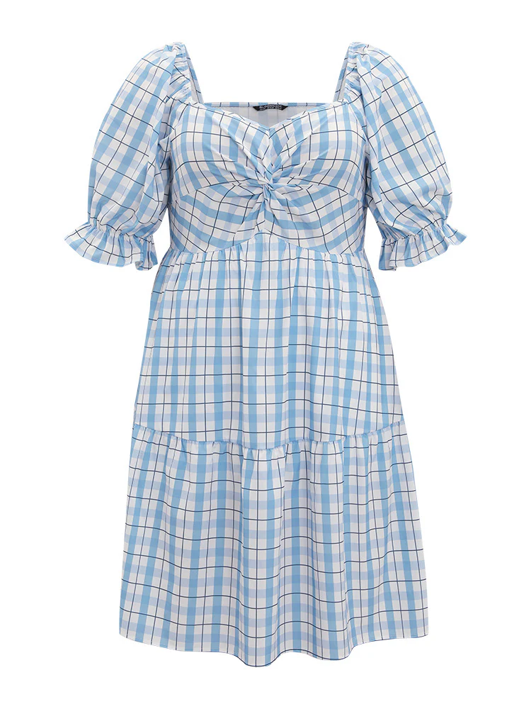 Twist Front Square Neck Ruffle Layered Hem Bell Sleeve Dress - Image 8
