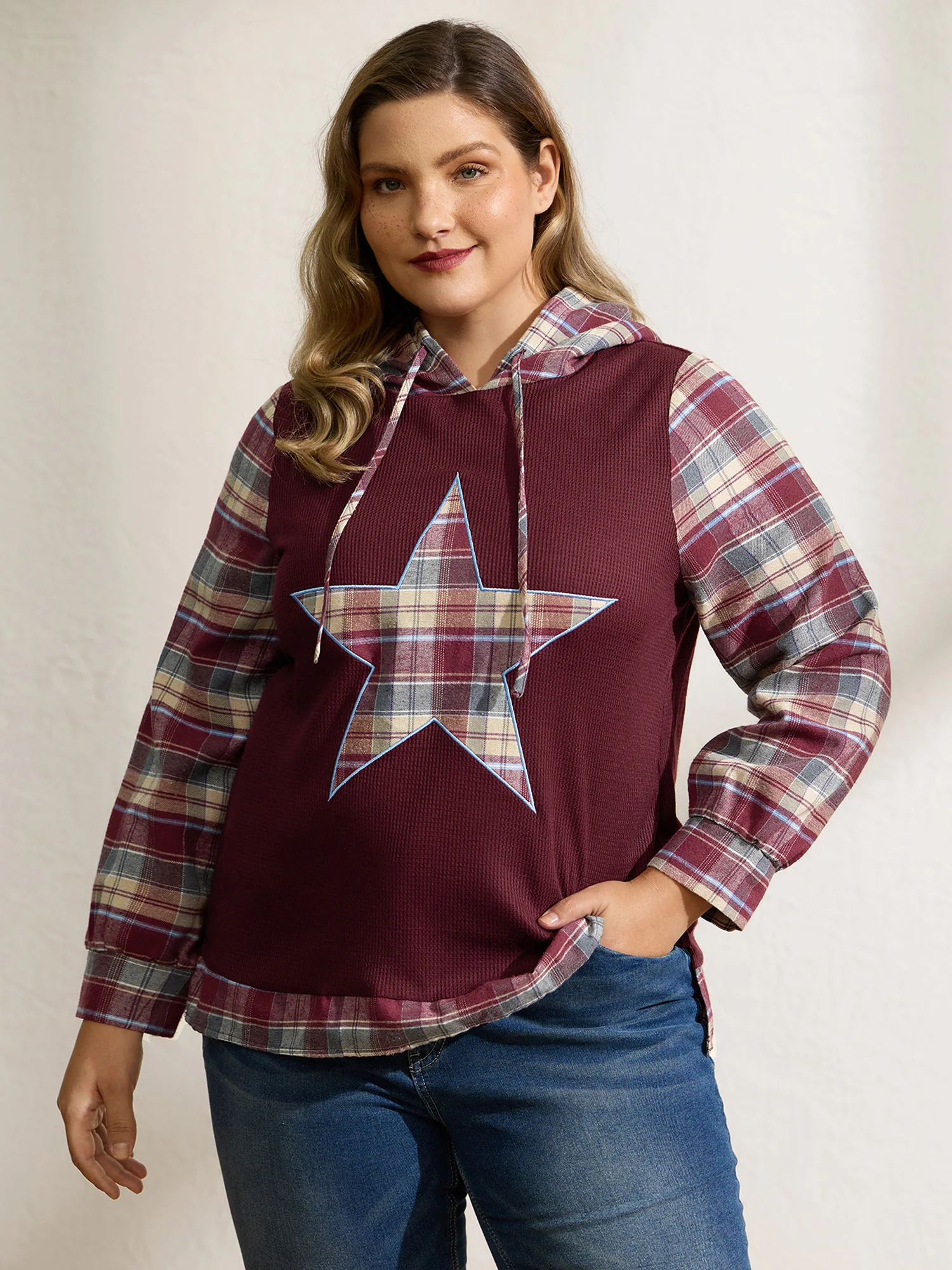Plaid Star Applique Embroidery Hoodie - Image 2
