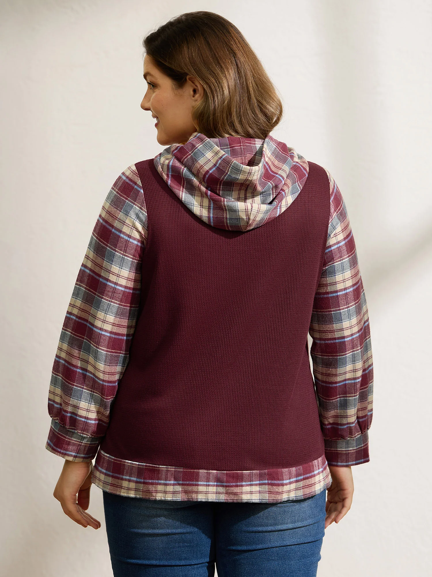 Plaid Star Applique Embroidery Hoodie - Image 5