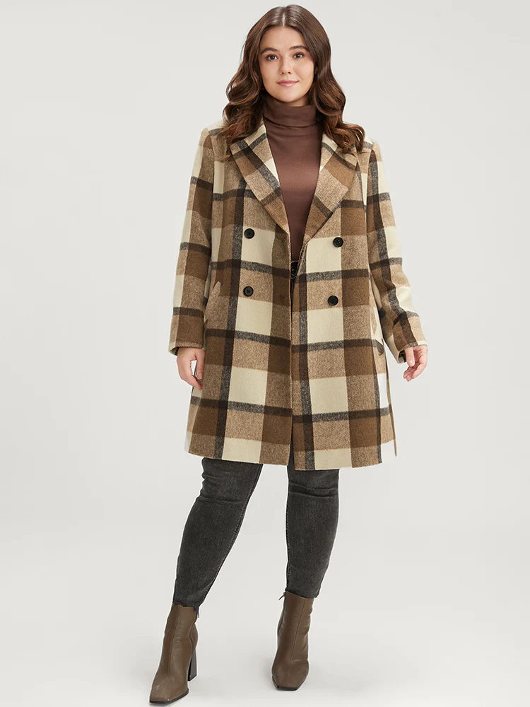 Plaid Suit Collar Double Breasted Pocket Blazer - Image 2