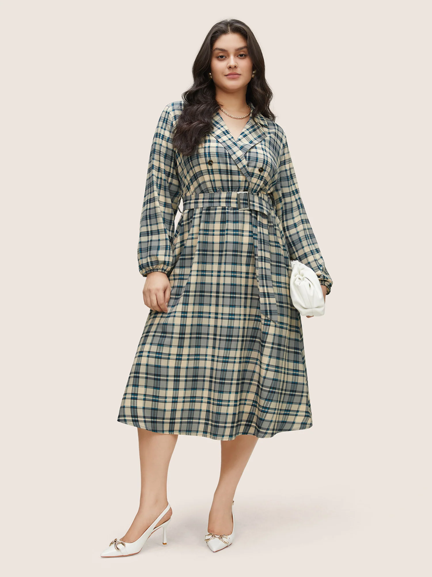Plaid Suit Collar Pocket Belted Dress - Image 2