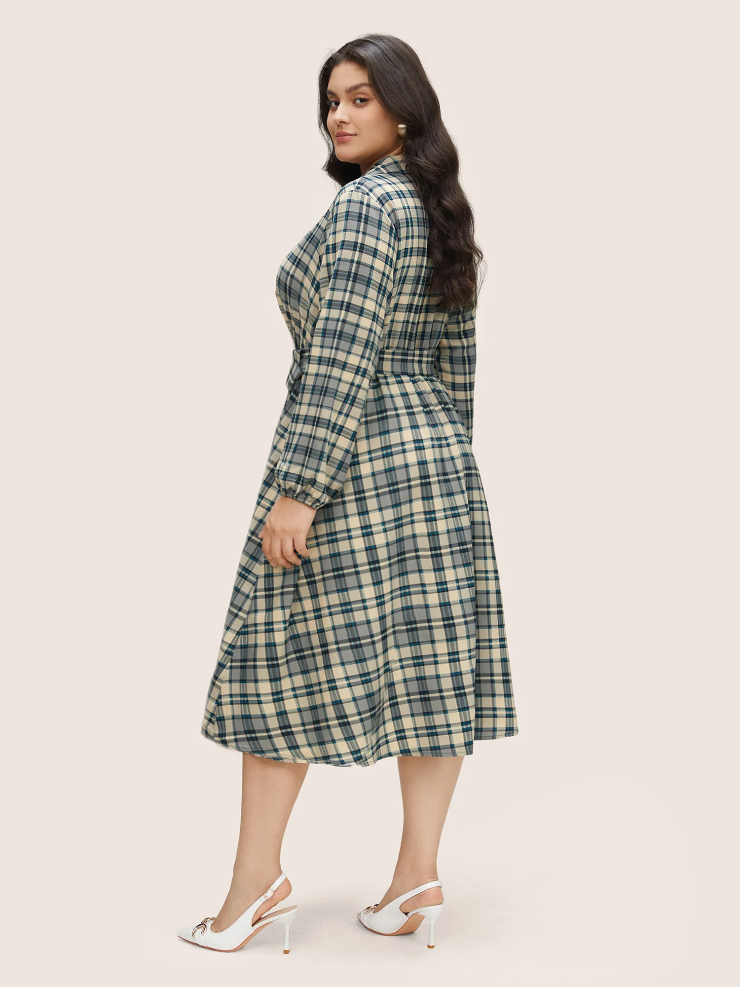 Plaid Suit Collar Pocket Belted Dress - Image 3