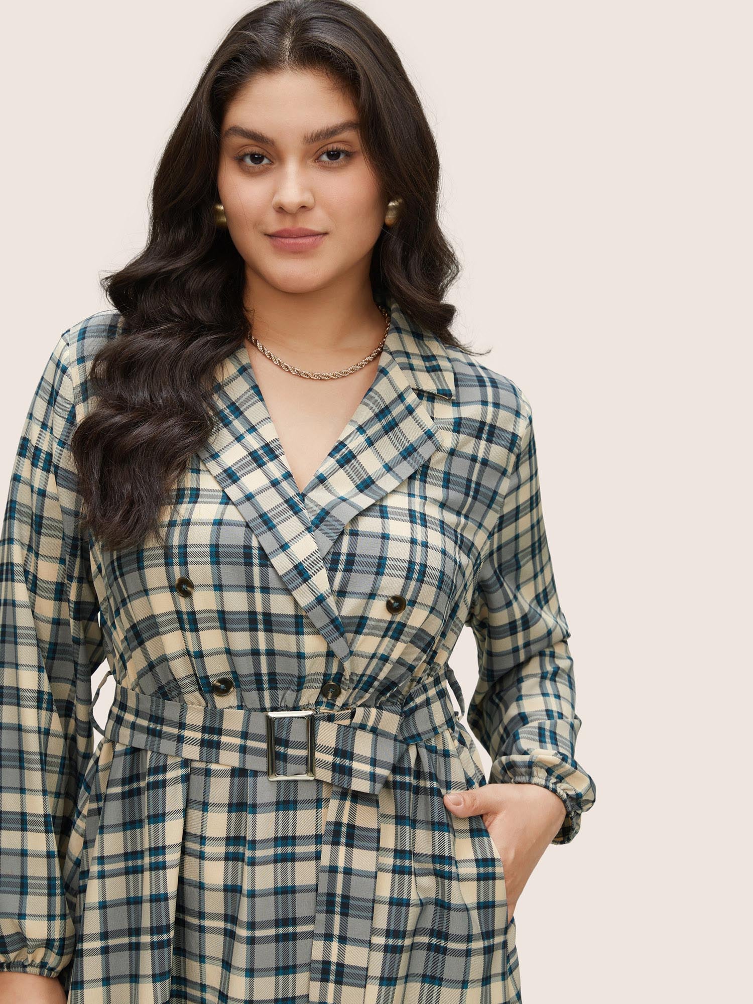 Plaid Suit Collar Pocket Belted Dress - Image 4