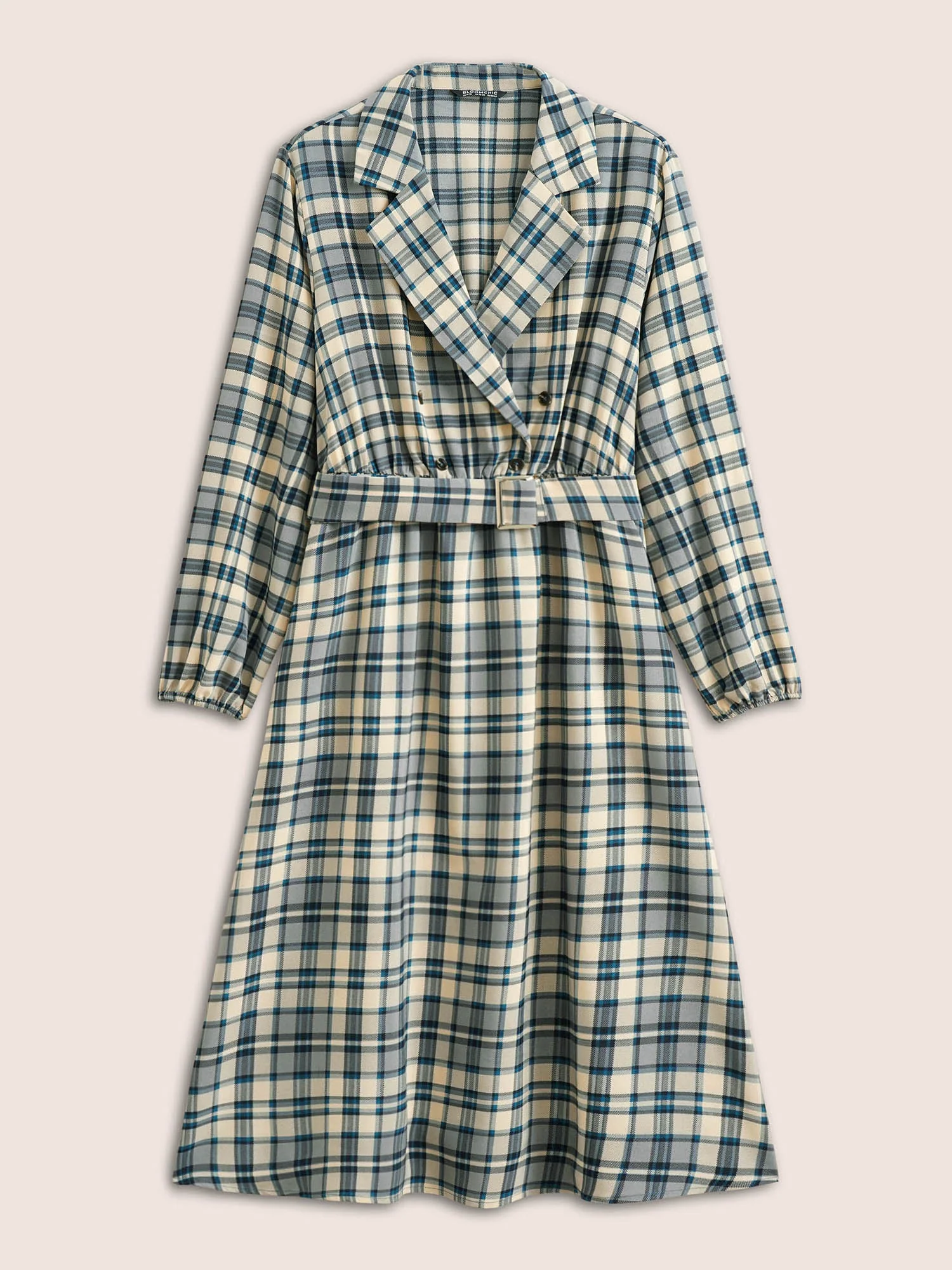 Plaid Suit Collar Pocket Belted Dress - Image 7