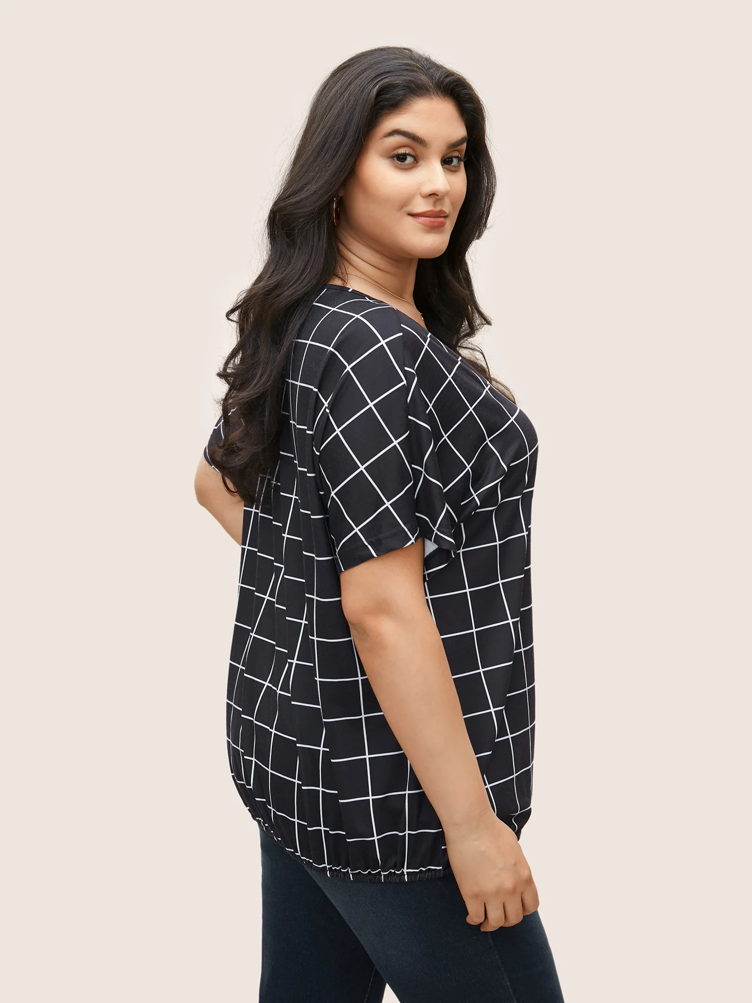 Plaid Surplice Neck Batwing Sleeve T-shirt - Image 2