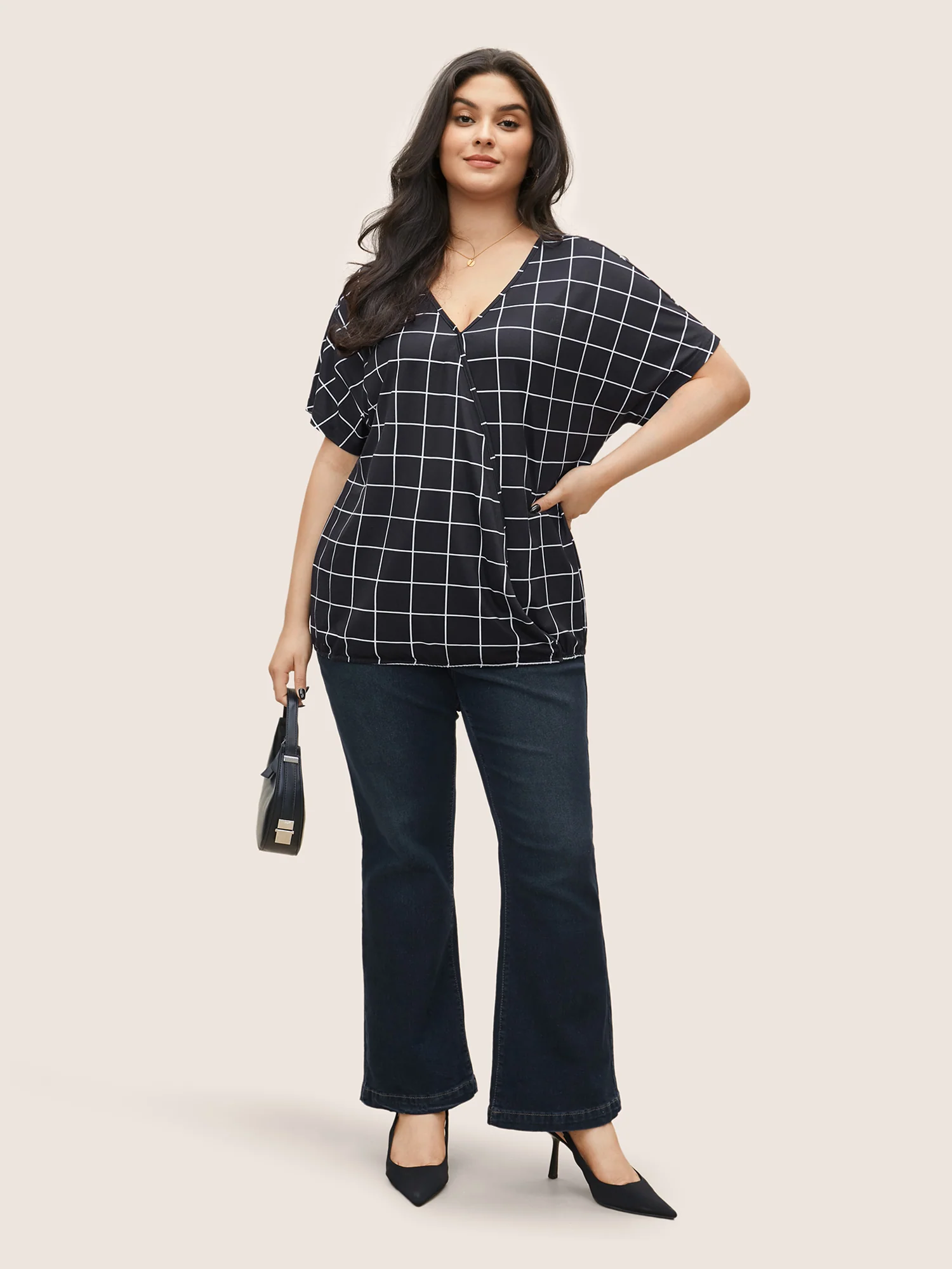 Plaid Surplice Neck Batwing Sleeve T-shirt - Image 3