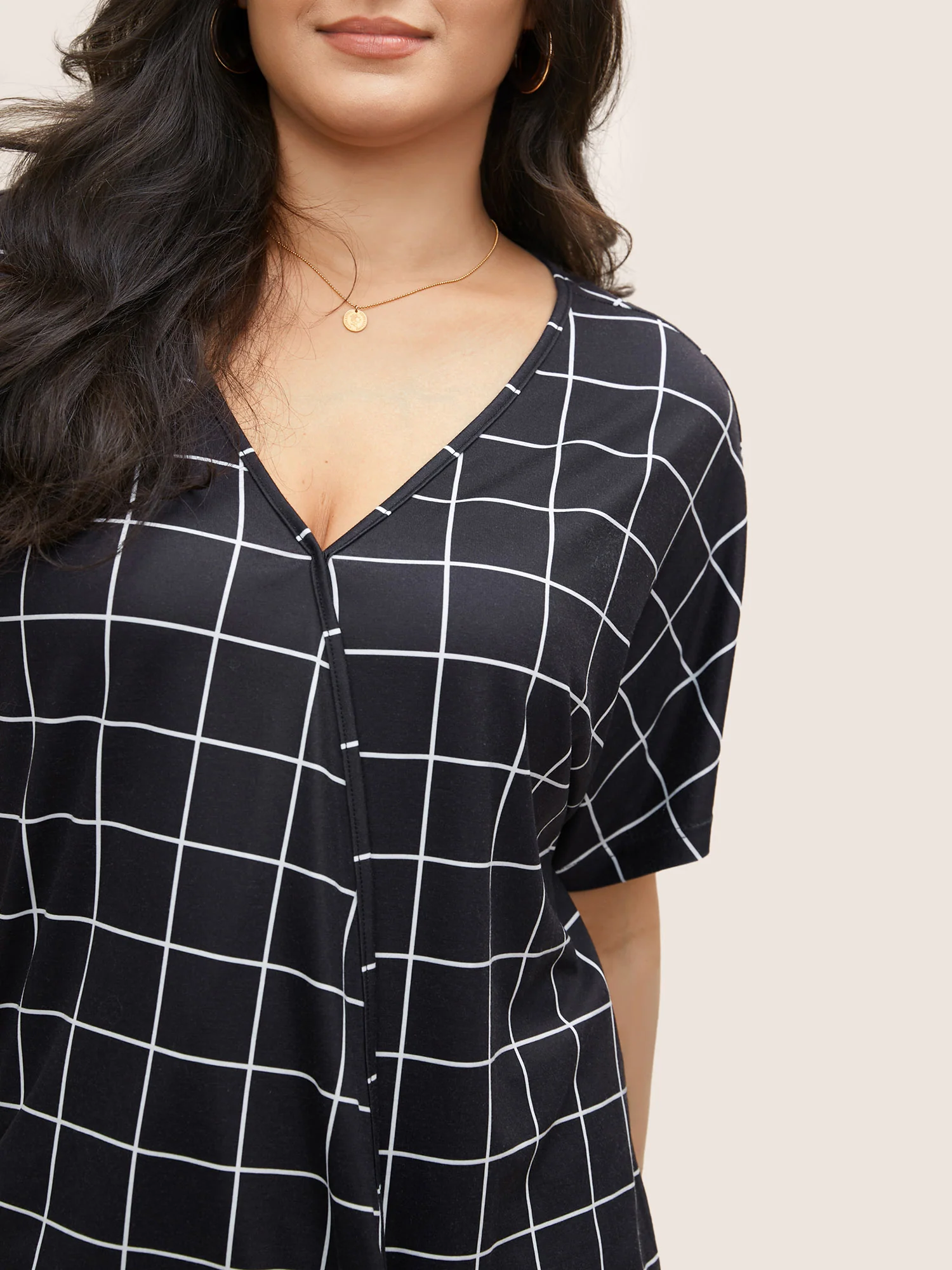 Plaid Surplice Neck Batwing Sleeve T-shirt - Image 4