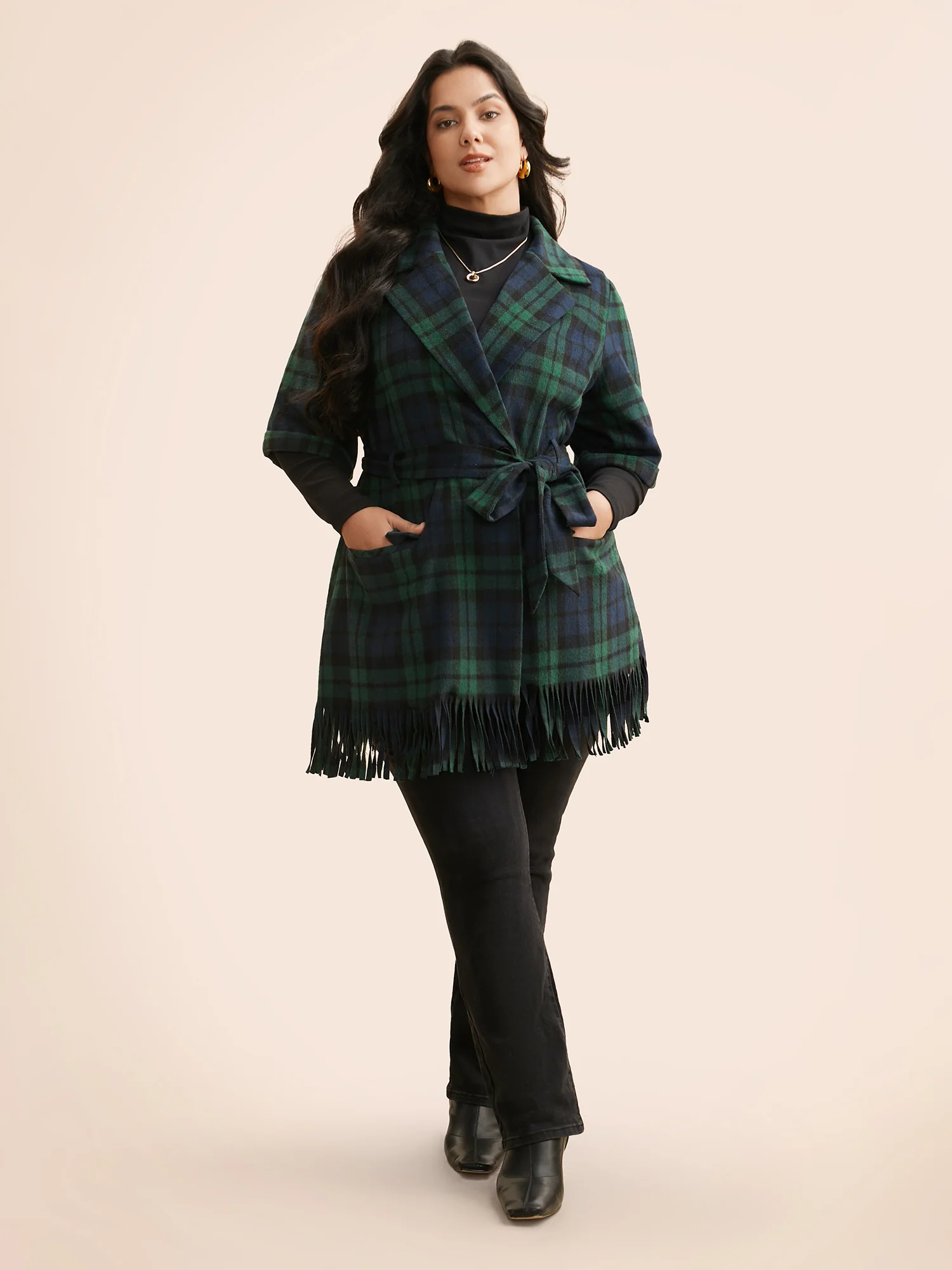 Plaid Tassel Trim Pocket Belted Jacket - Image 2
