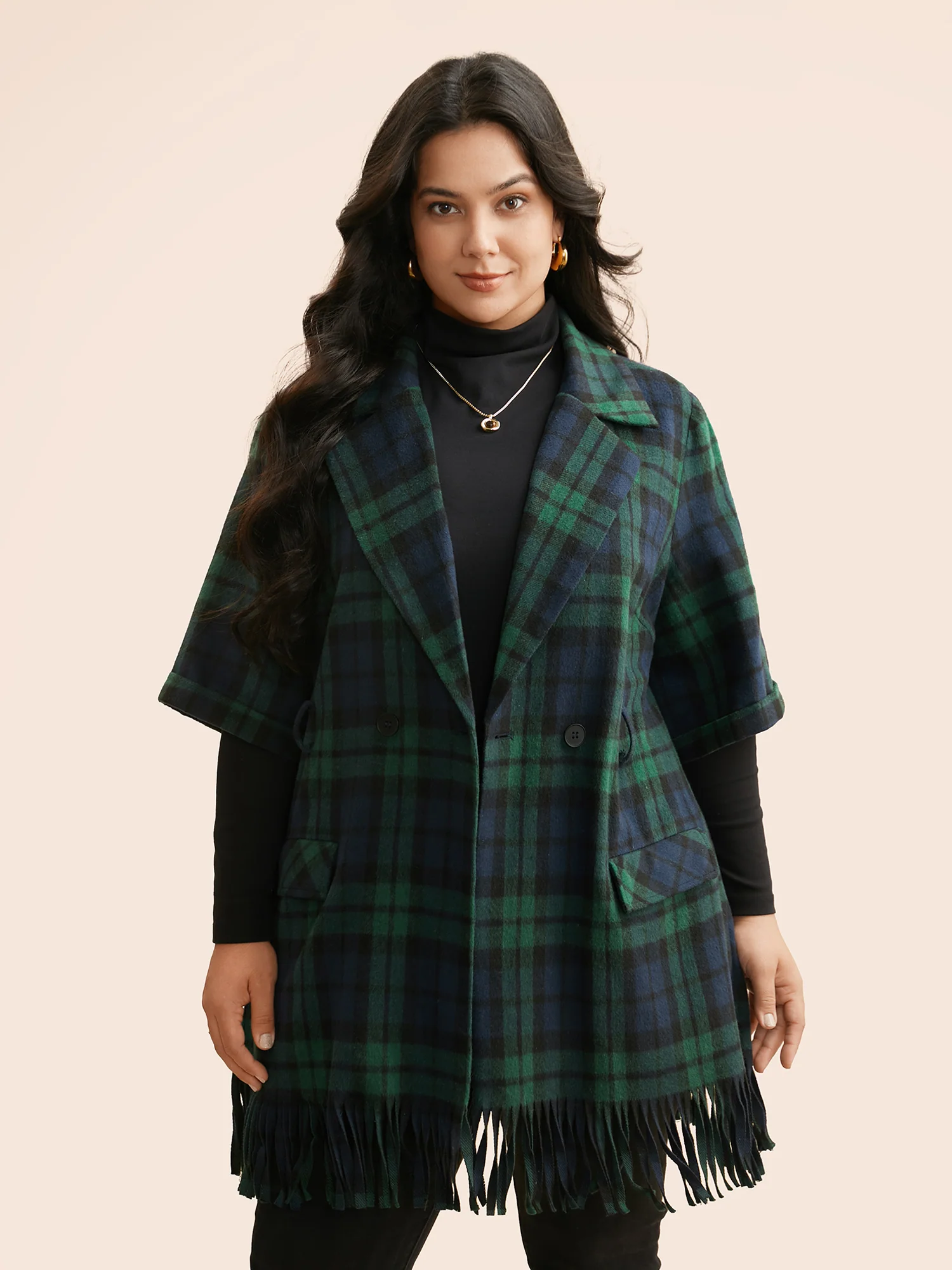 Plaid Tassel Trim Pocket Belted Jacket - Image 3