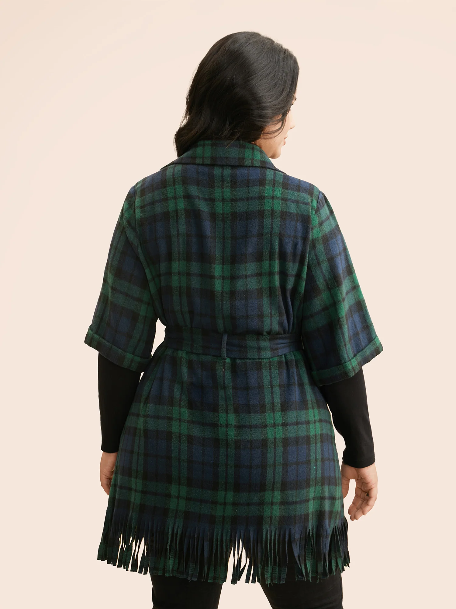 Plaid Tassel Trim Pocket Belted Jacket - Image 4