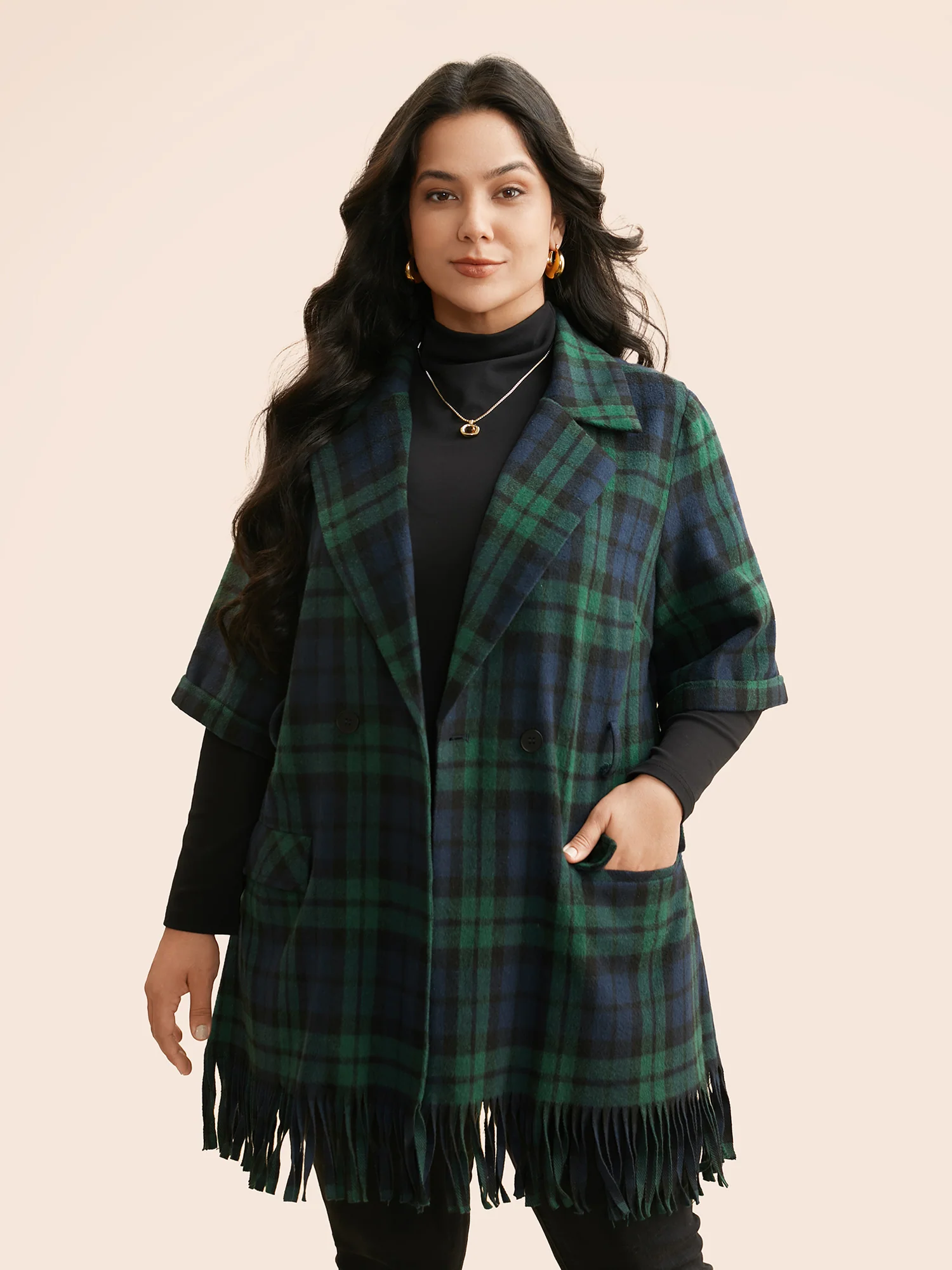 Plaid Tassel Trim Pocket Belted Jacket - Image 5