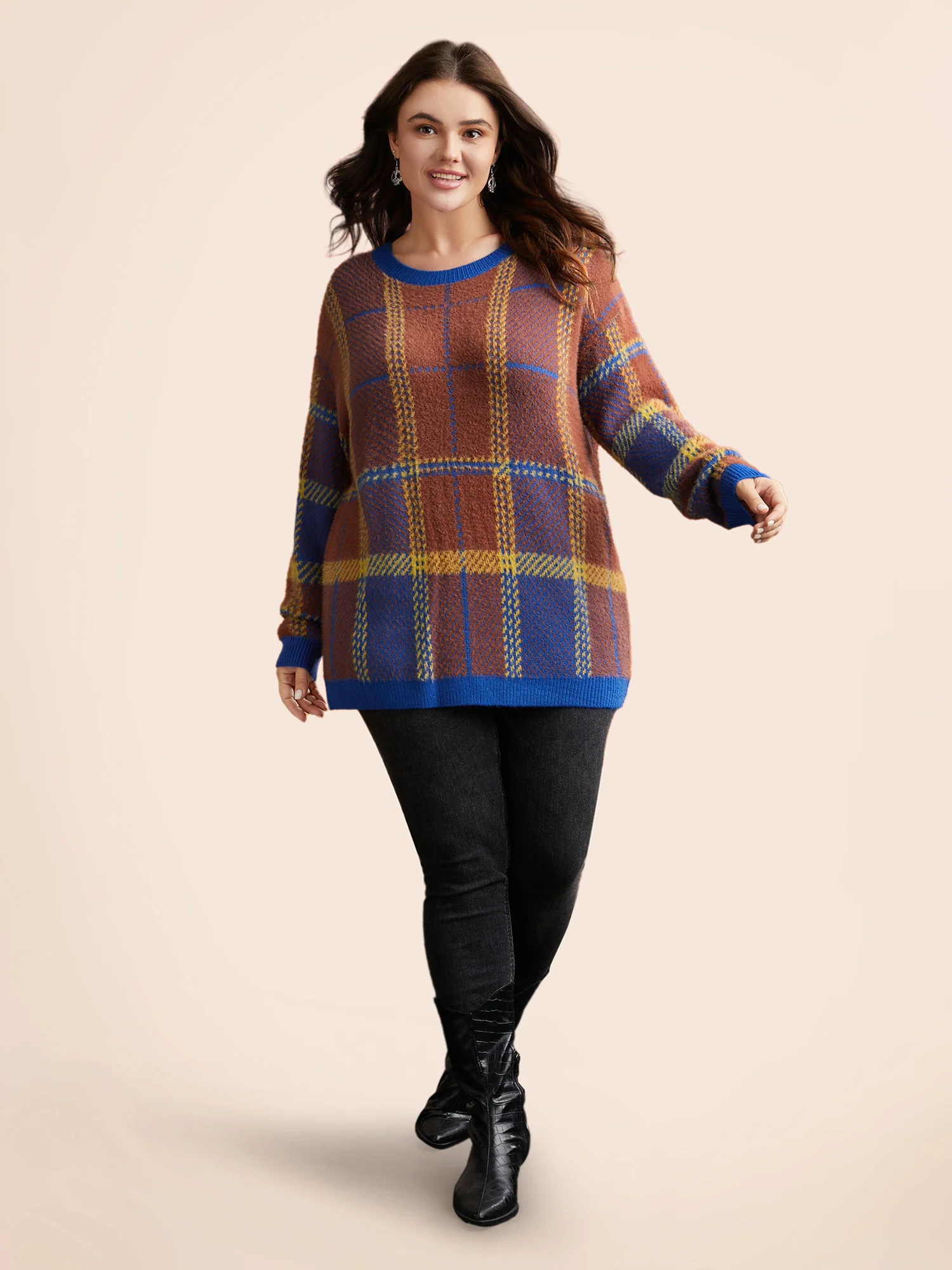 Plaid Texture Crew Neck Pullover - Image 3