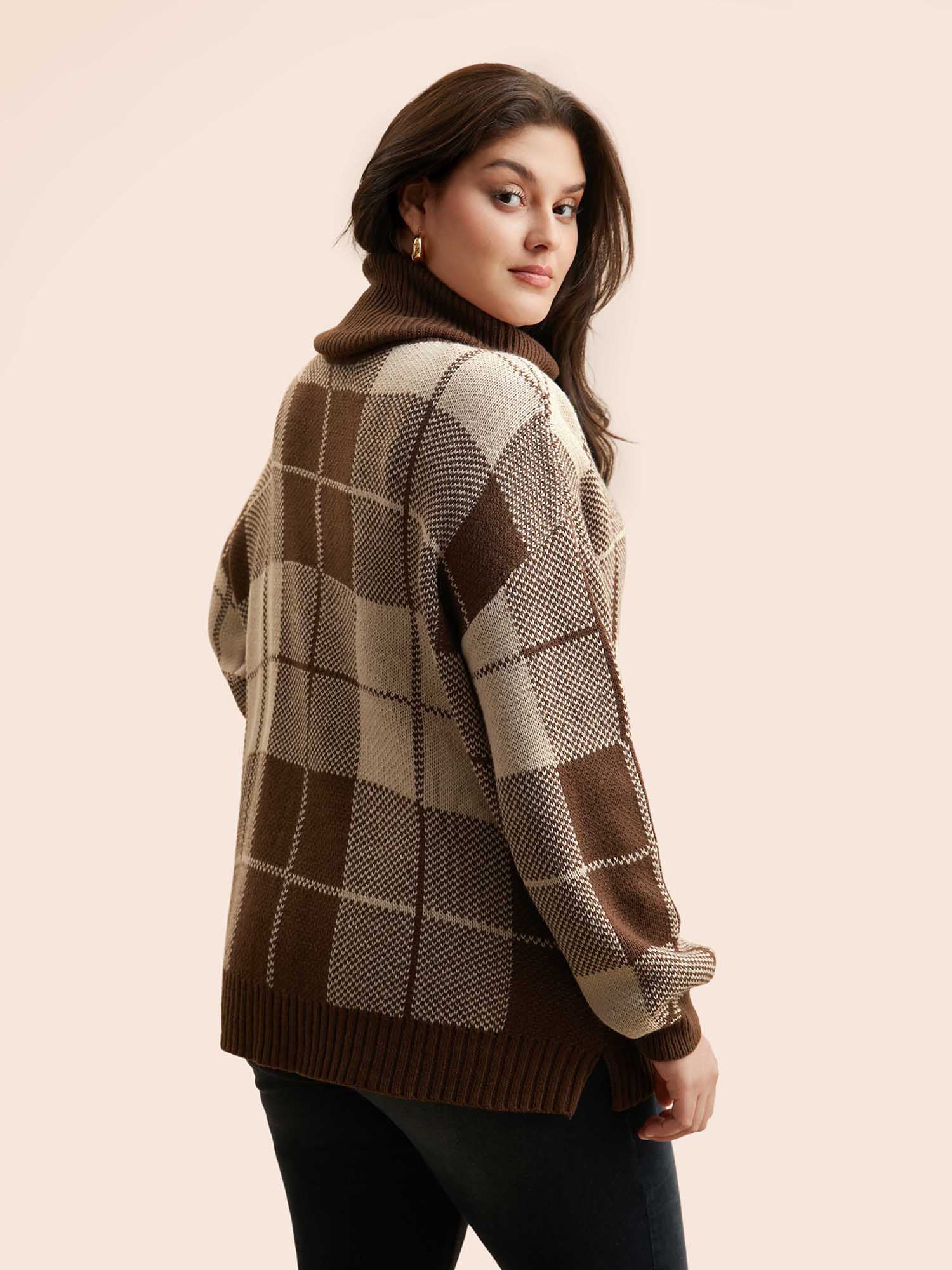 Plaid Turtleneck Drop Shoulder Pullover - Image 2