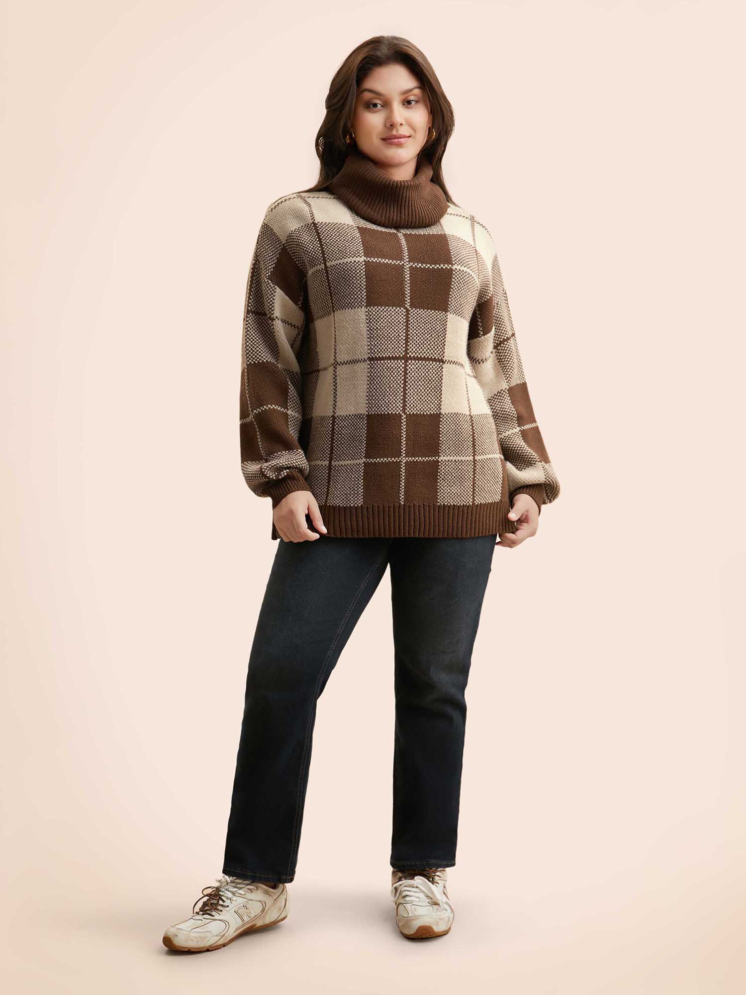 Plaid Turtleneck Drop Shoulder Pullover - Image 3