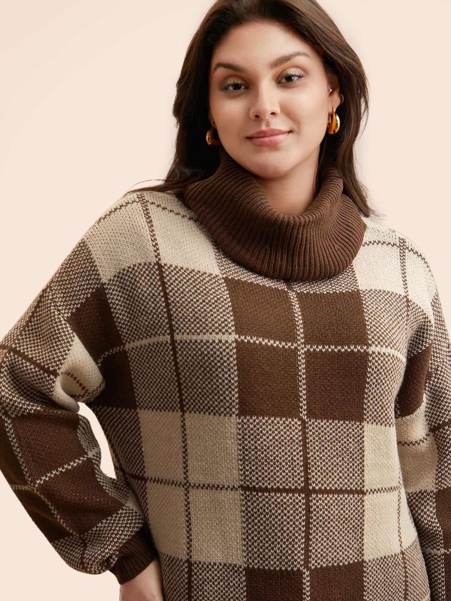 Plaid Turtleneck Drop Shoulder Pullover - Image 4