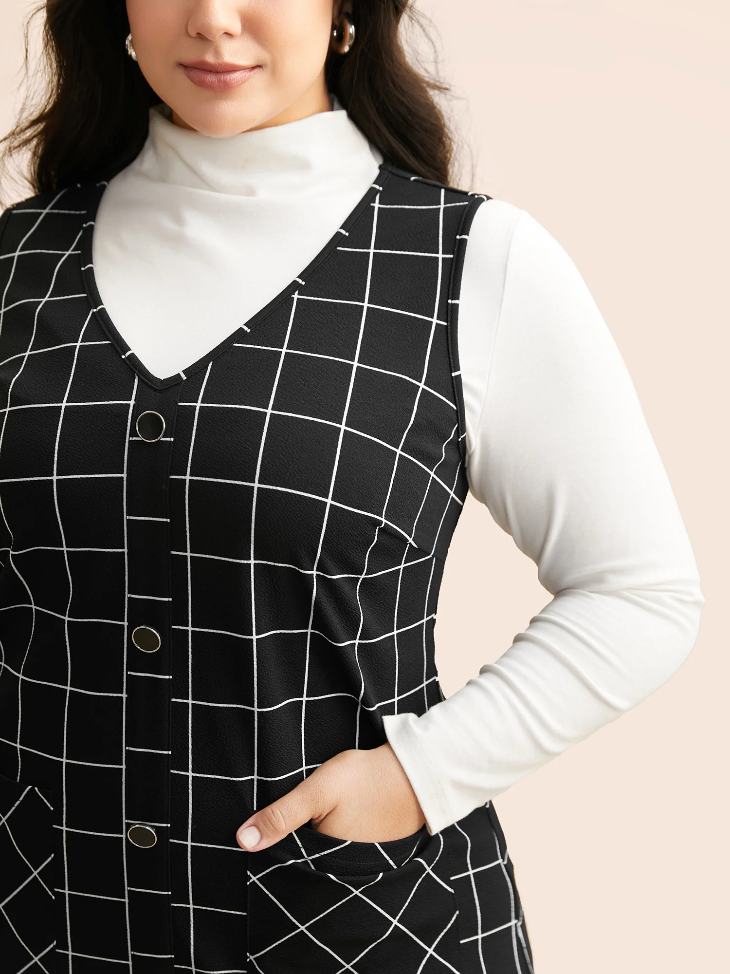 Plaid V Neck Button Detail Dress - Image 2