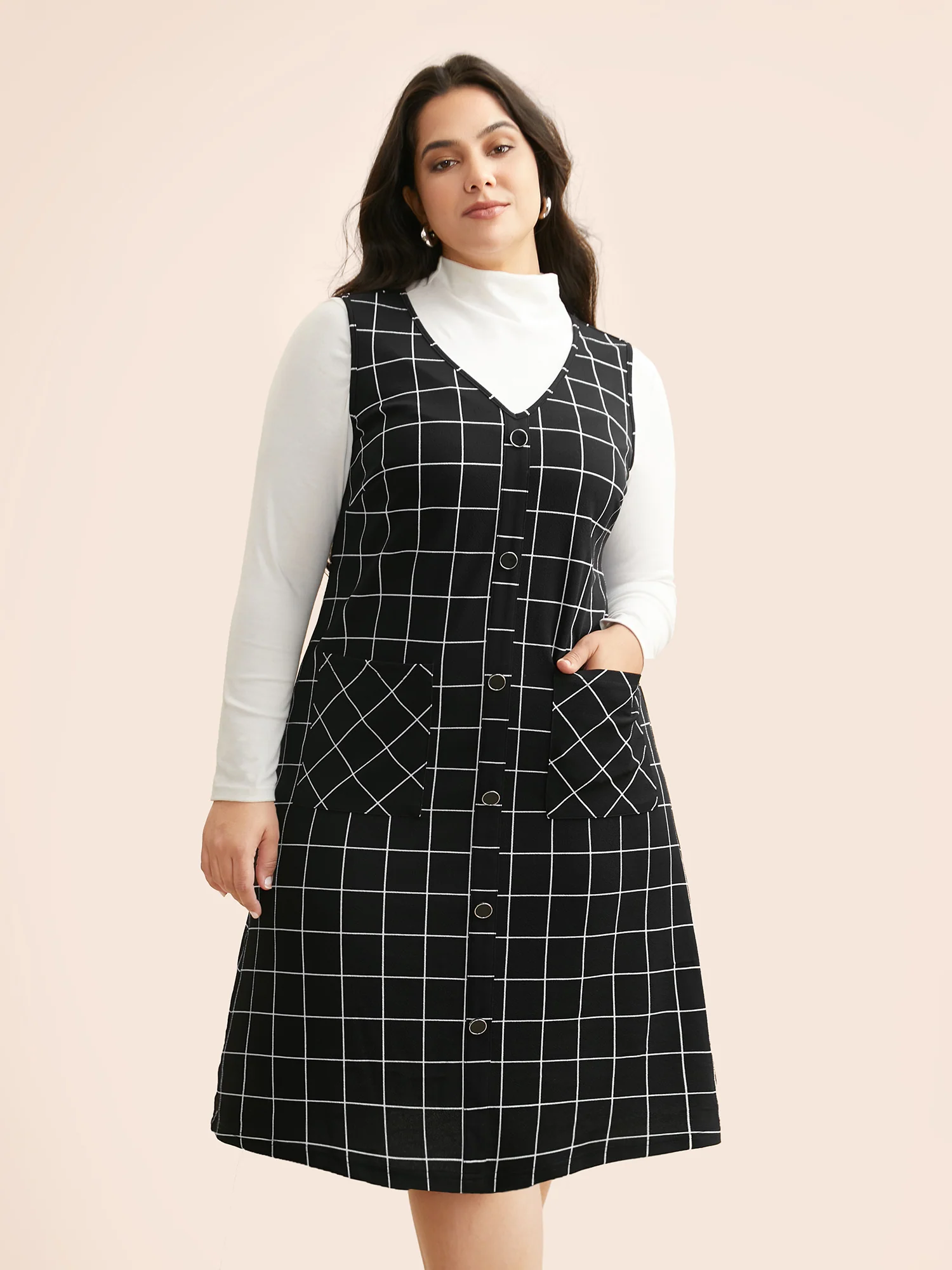 Plaid V Neck Button Detail Dress - Image 3