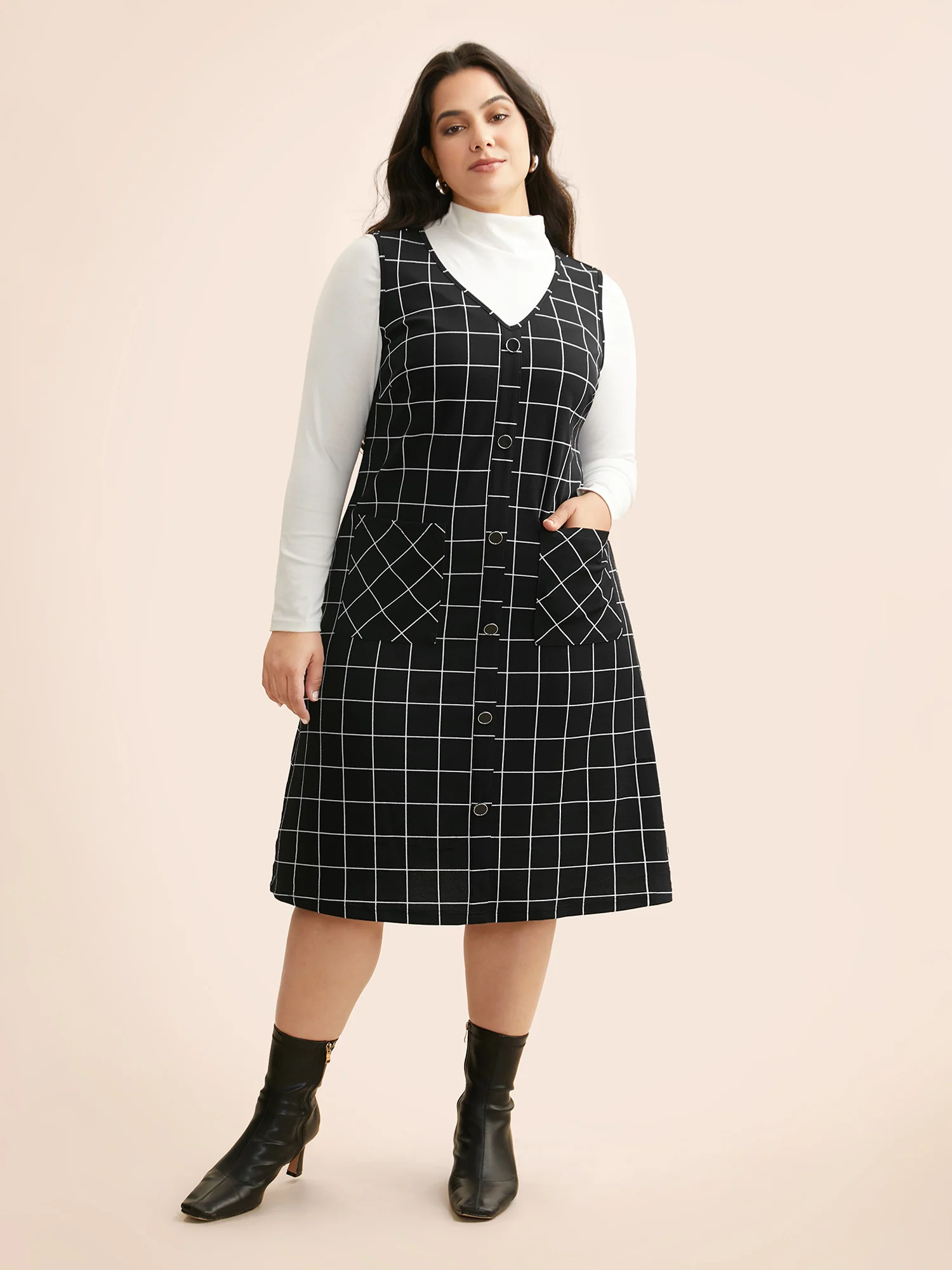Plaid V Neck Button Detail Dress - Image 4