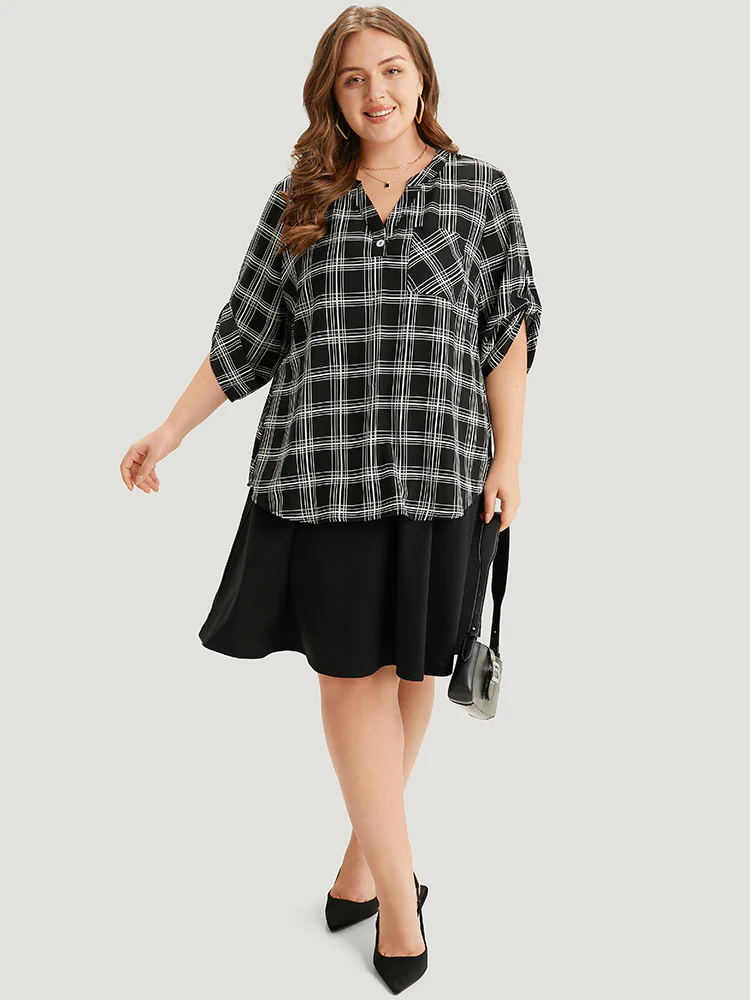 Plaid V Neck Button Up Tab Sleeve Woven Top - Image 2