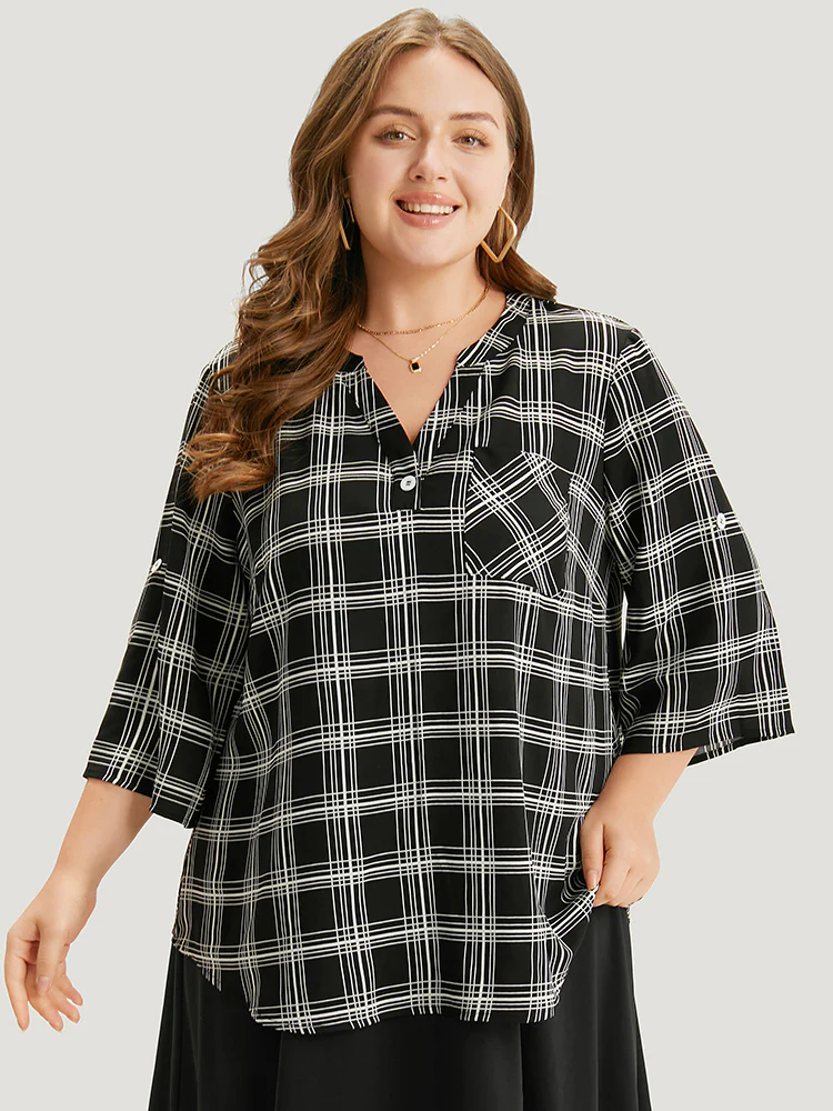 Plaid V Neck Button Up Tab Sleeve Woven Top - Image 3