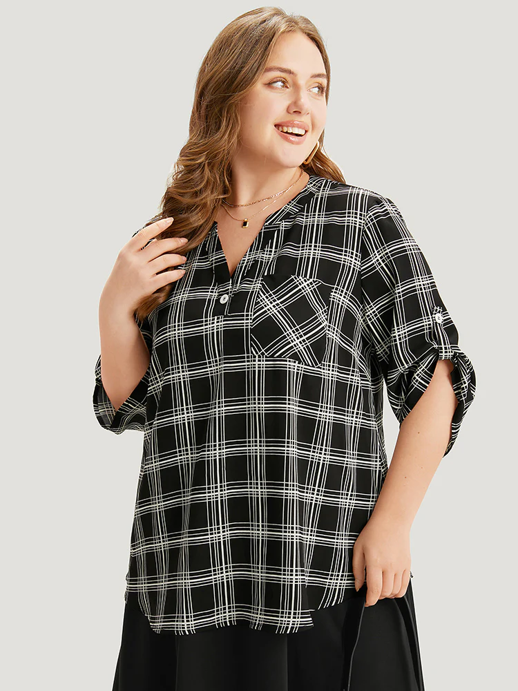 Plaid V Neck Button Up Tab Sleeve Woven Top - Image 4