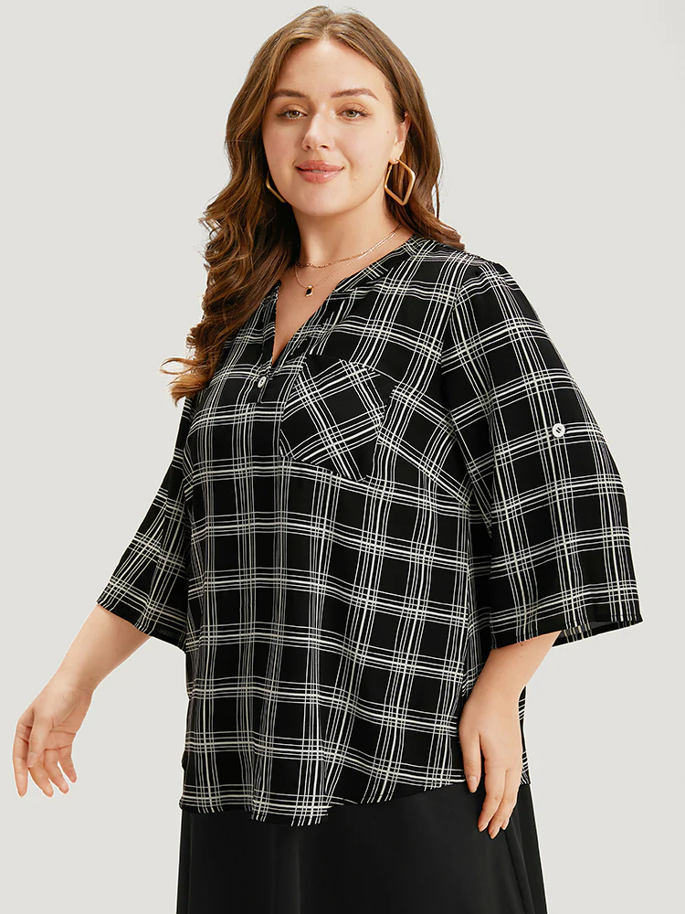 Plaid V Neck Button Up Tab Sleeve Woven Top - Image 5