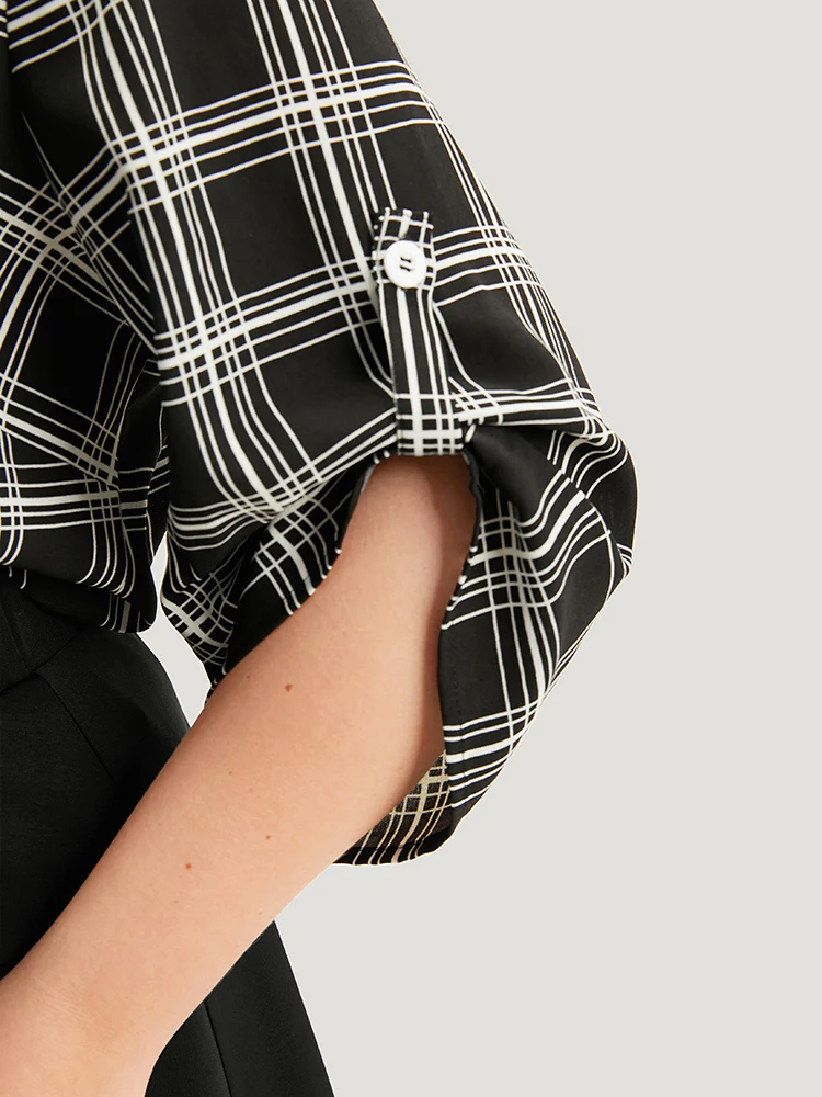 Plaid V Neck Button Up Tab Sleeve Woven Top - Image 7