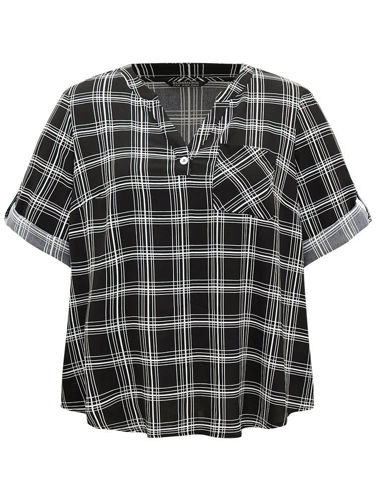 Plaid V Neck Button Up Tab Sleeve Woven Top - Image 8