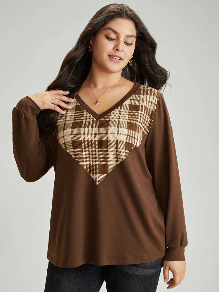 Plaid V Neck Patchwork Elastic Cuffs Sweatshirt - Image 3