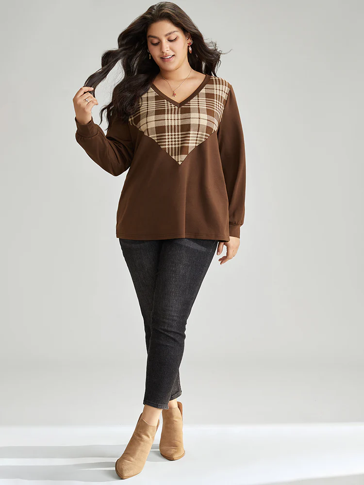 Plaid V Neck Patchwork Elastic Cuffs Sweatshirt - Image 4