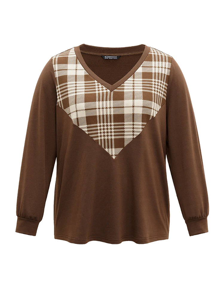 Plaid V Neck Patchwork Elastic Cuffs Sweatshirt - Image 6