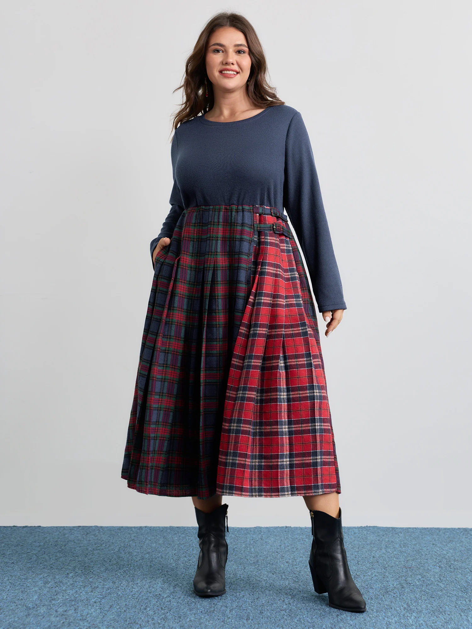 Plaid Waffle Color Contrast Midi Dress - Image 3