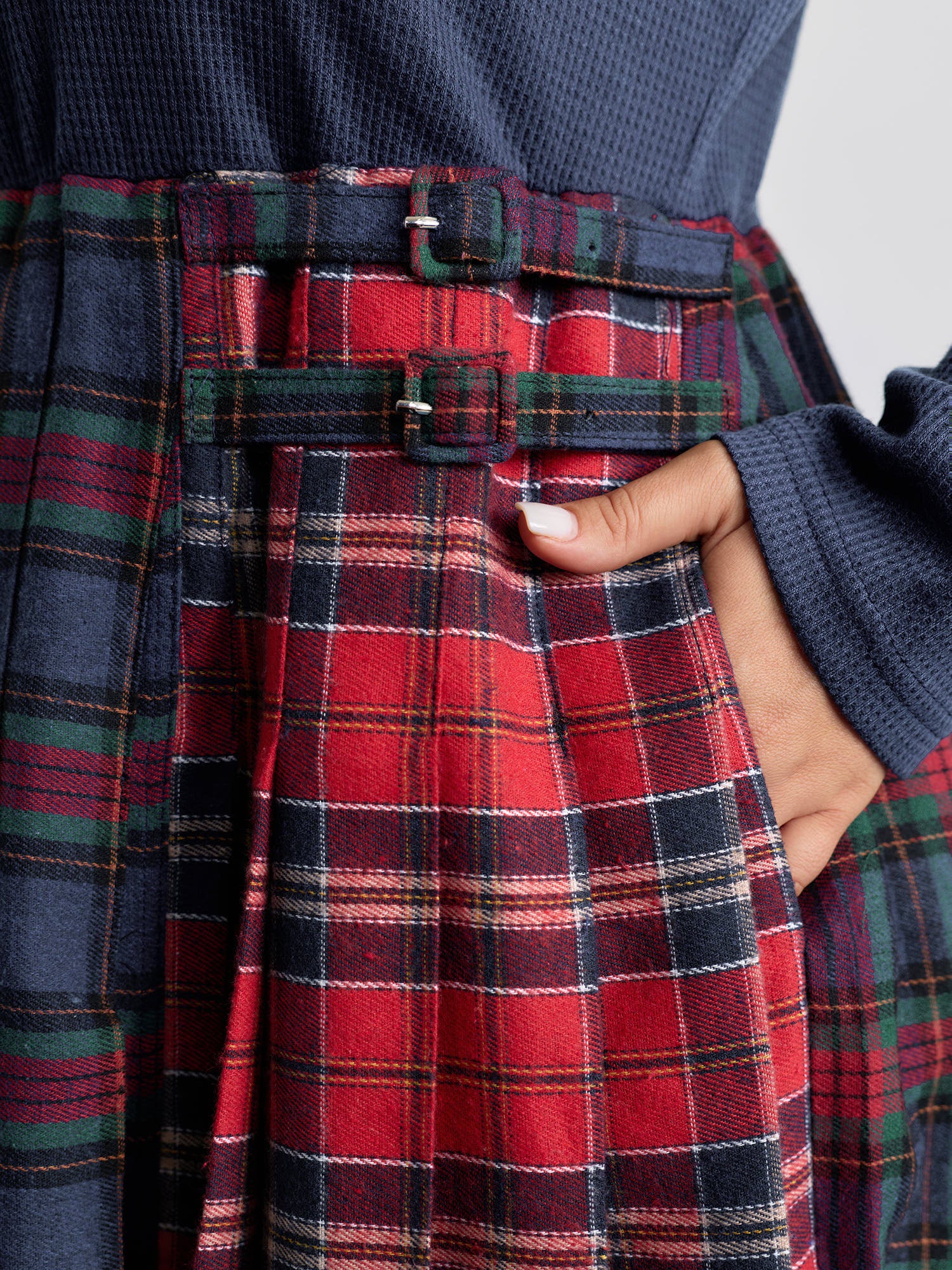 Plaid Waffle Color Contrast Midi Dress - Image 4