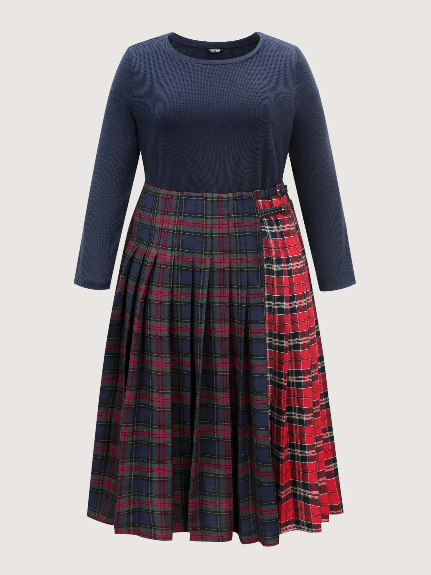 Plaid Waffle Color Contrast Midi Dress - Image 8