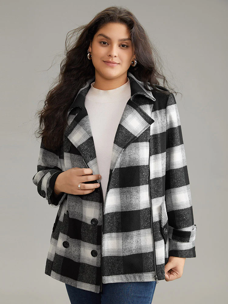 Plaid Zipper Fly Double Breasted Detail Coat - Image 3