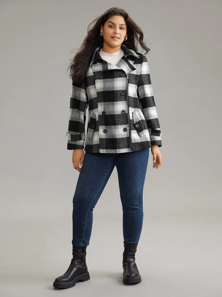 Plaid Zipper Fly Double Breasted Detail Coat - Image 4