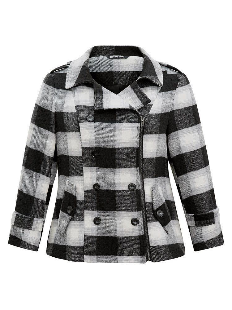 Plaid Zipper Fly Double Breasted Detail Coat - Image 6