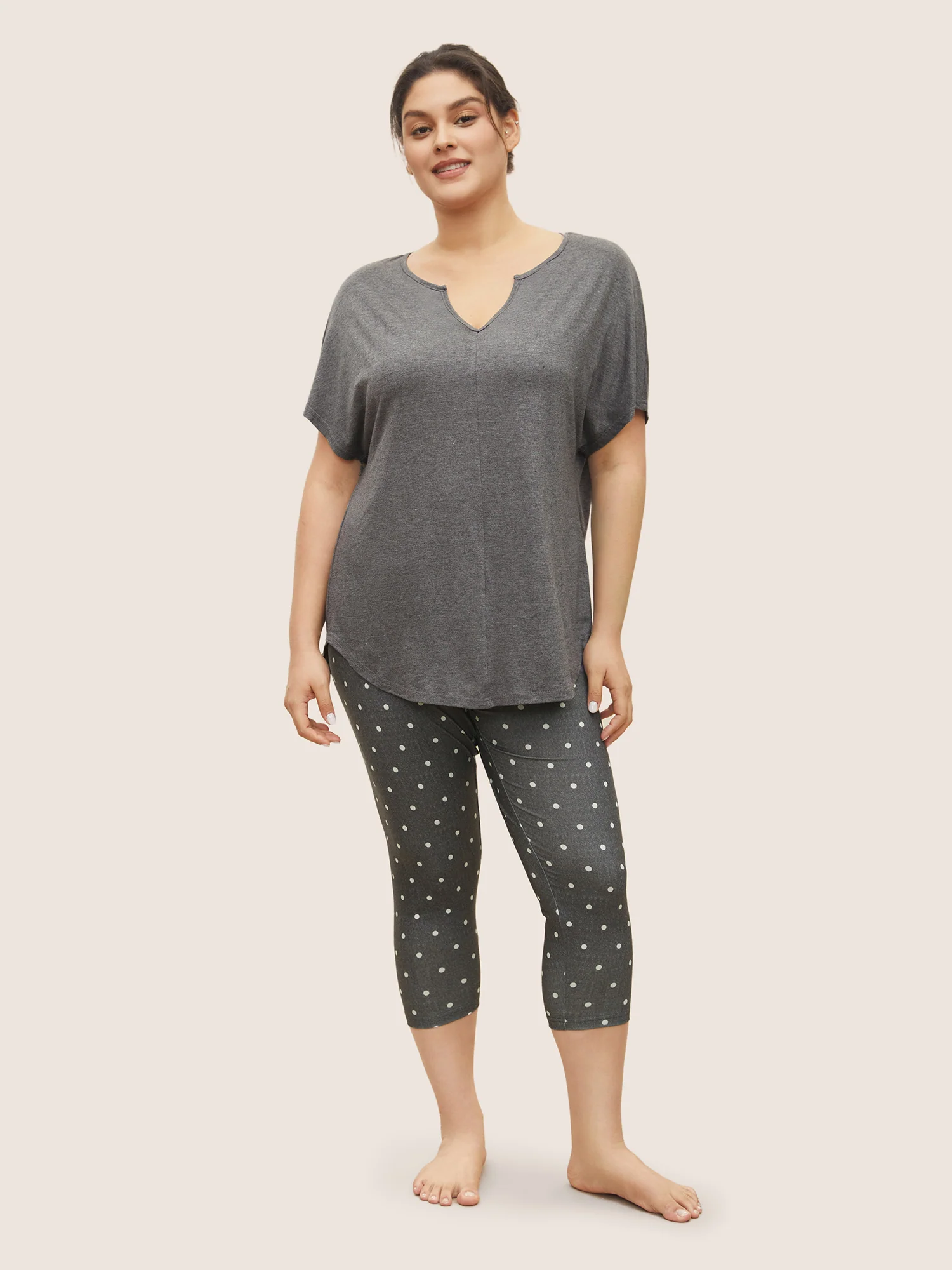 Plain Arc Hem Split Neckline Pajama Top - Image 2