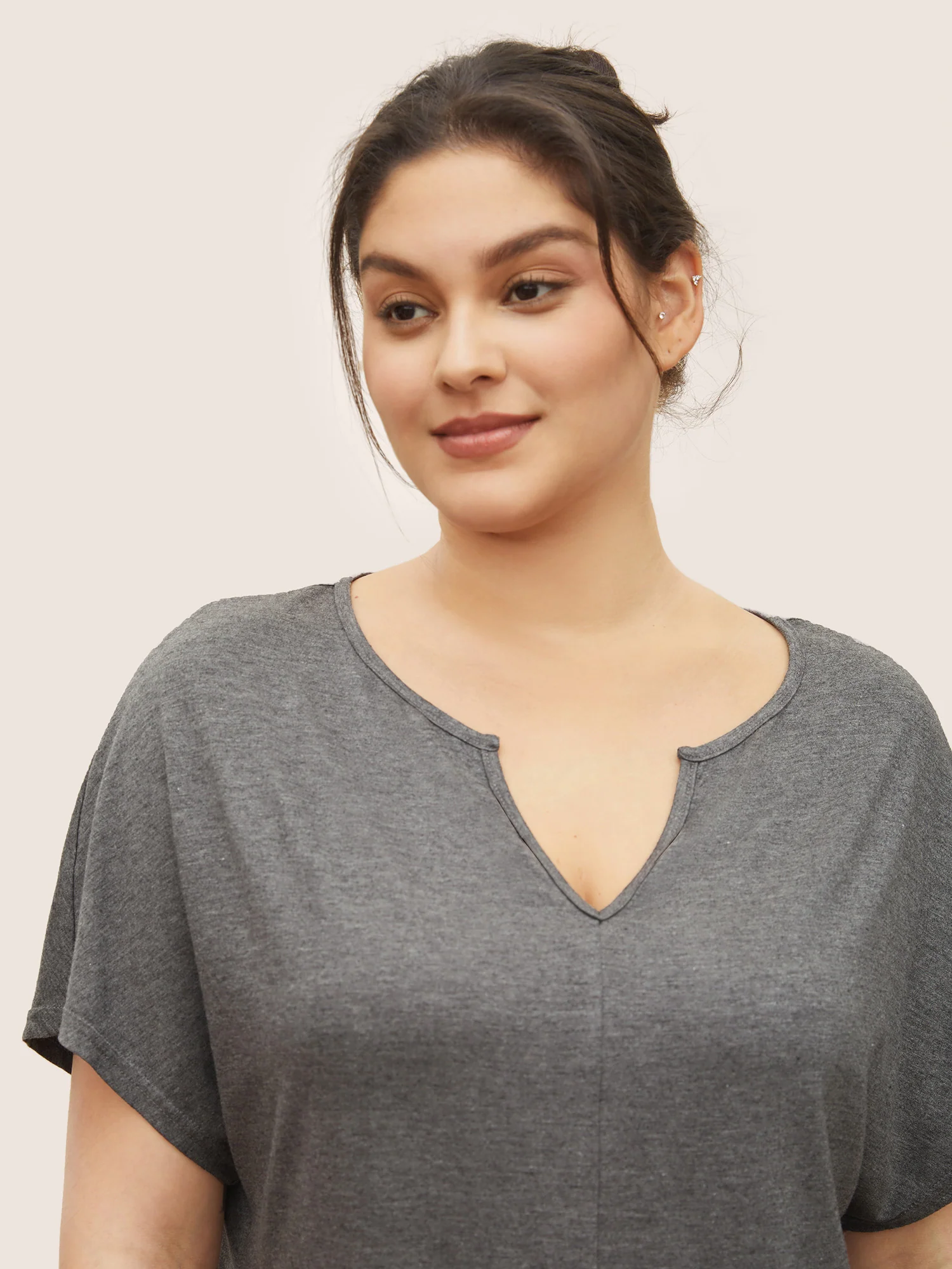 Plain Arc Hem Split Neckline Pajama Top - Image 4