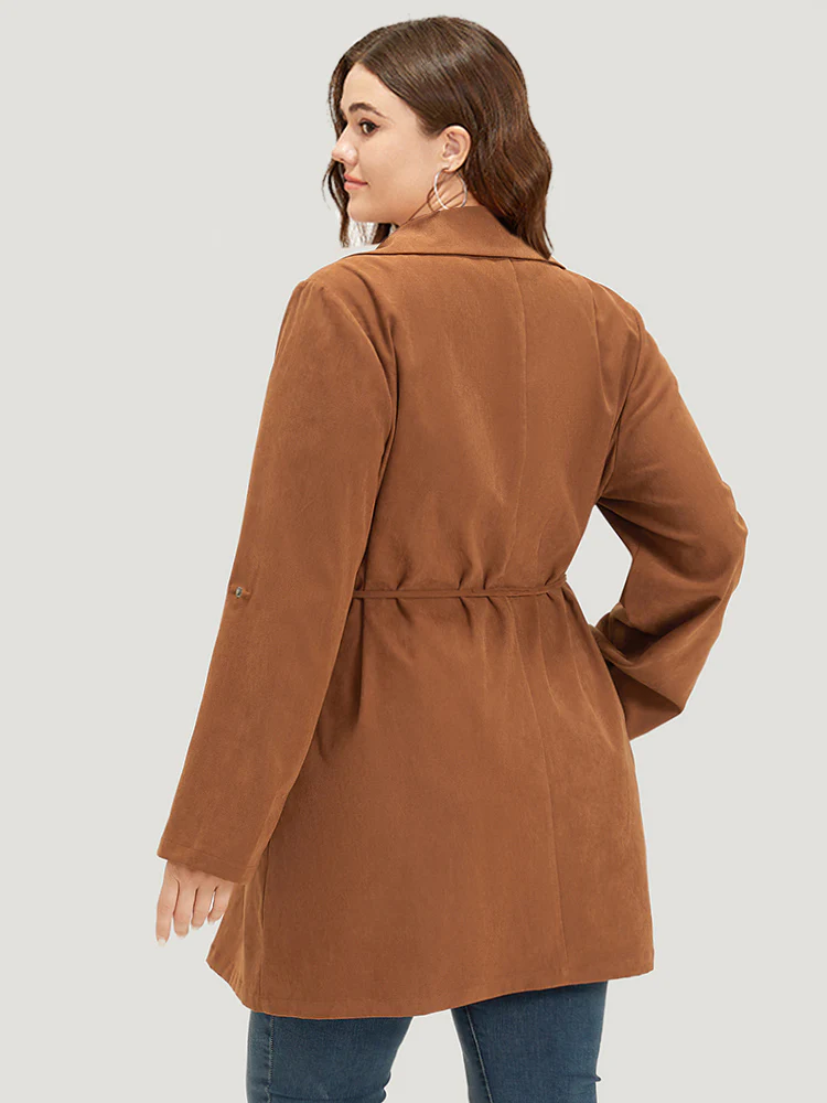 Plain Corduroy Belted Bowknot Roll Tab Sleeve Coat - Image 2
