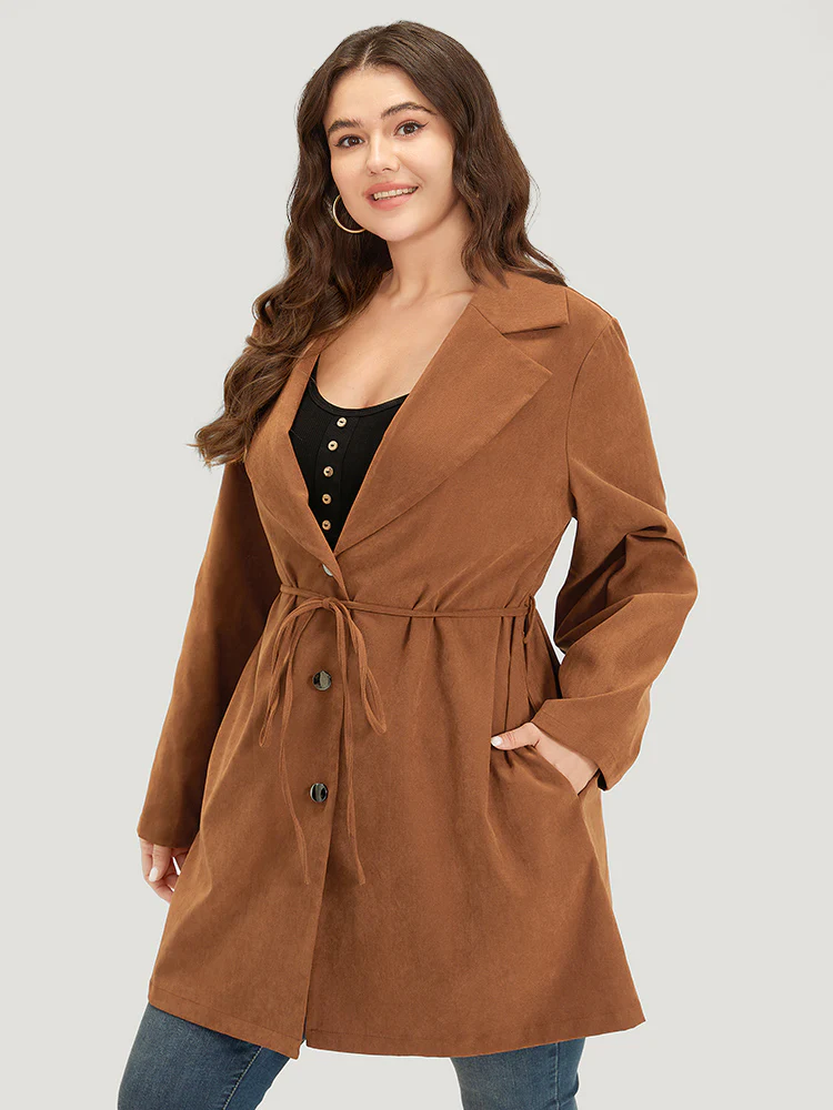 Plain Corduroy Belted Bowknot Roll Tab Sleeve Coat - Image 3